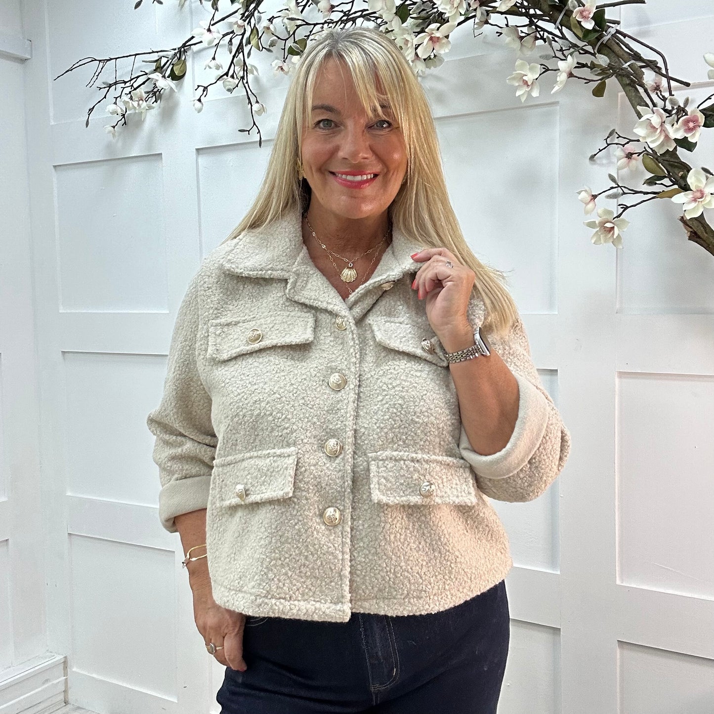 Bridget: Cream short boucle button jacket. One: 12-20