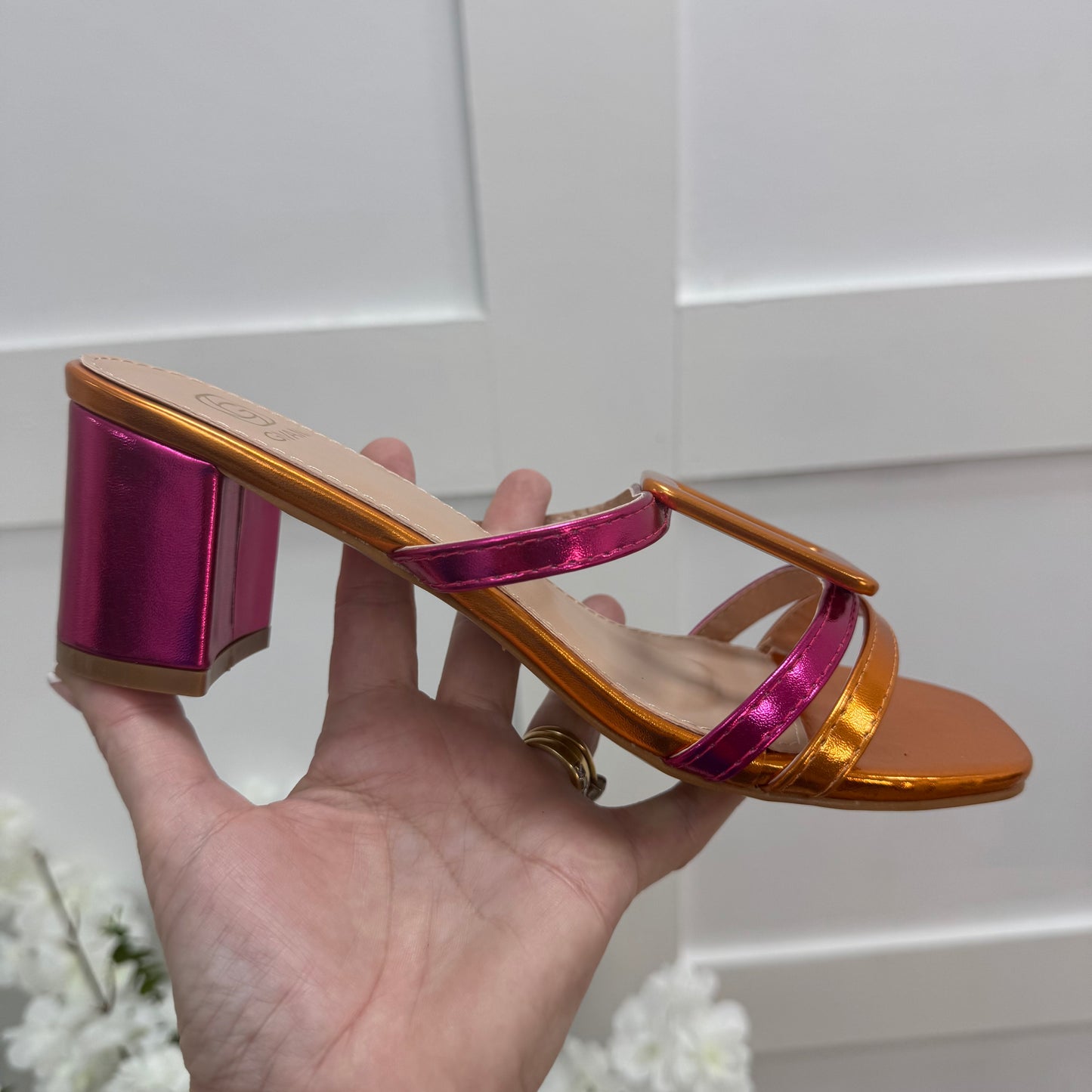 Rosa: Metallic pink & orange large buckle sandals. Sizes: 3-8