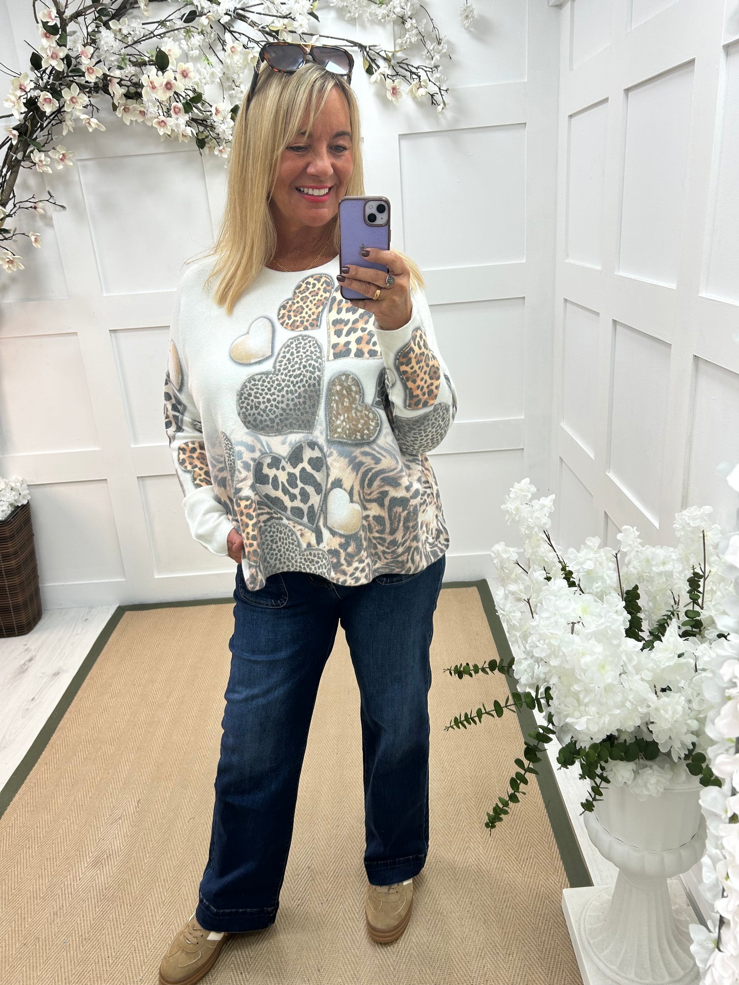 Sorrel: Cream & heart leopard print top. One size: 12-20