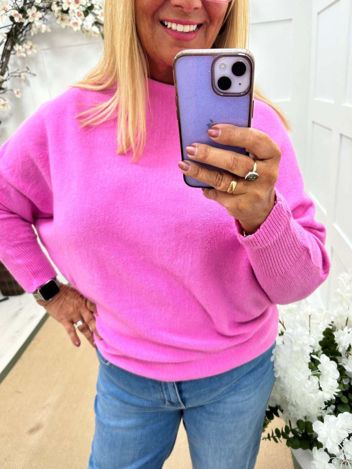 Sammi: Pink batwing knitted top. One size: 12-18/20