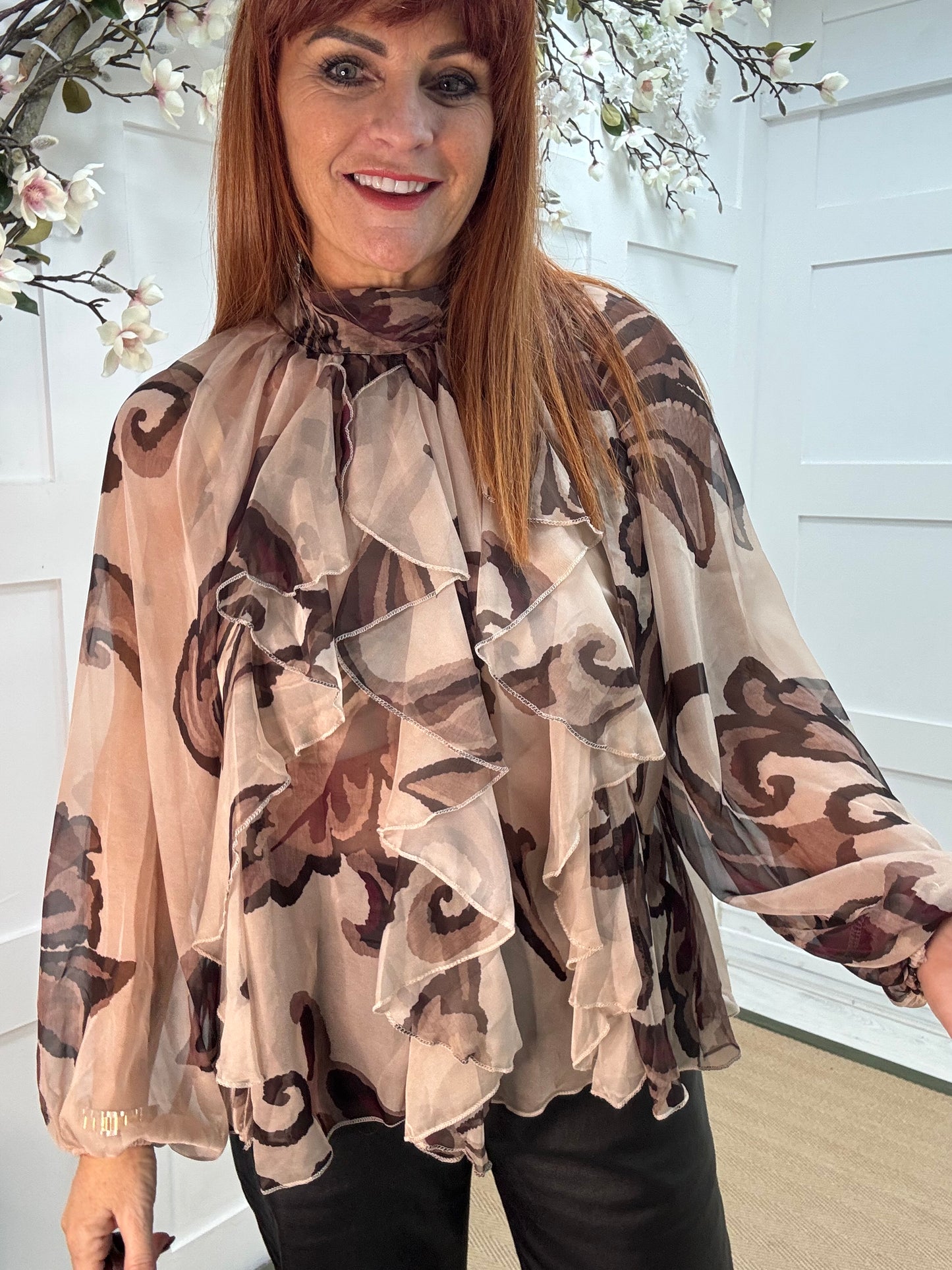 Paloma: Cream & brown abstract sheer ruffle blouse. One size: 10-16