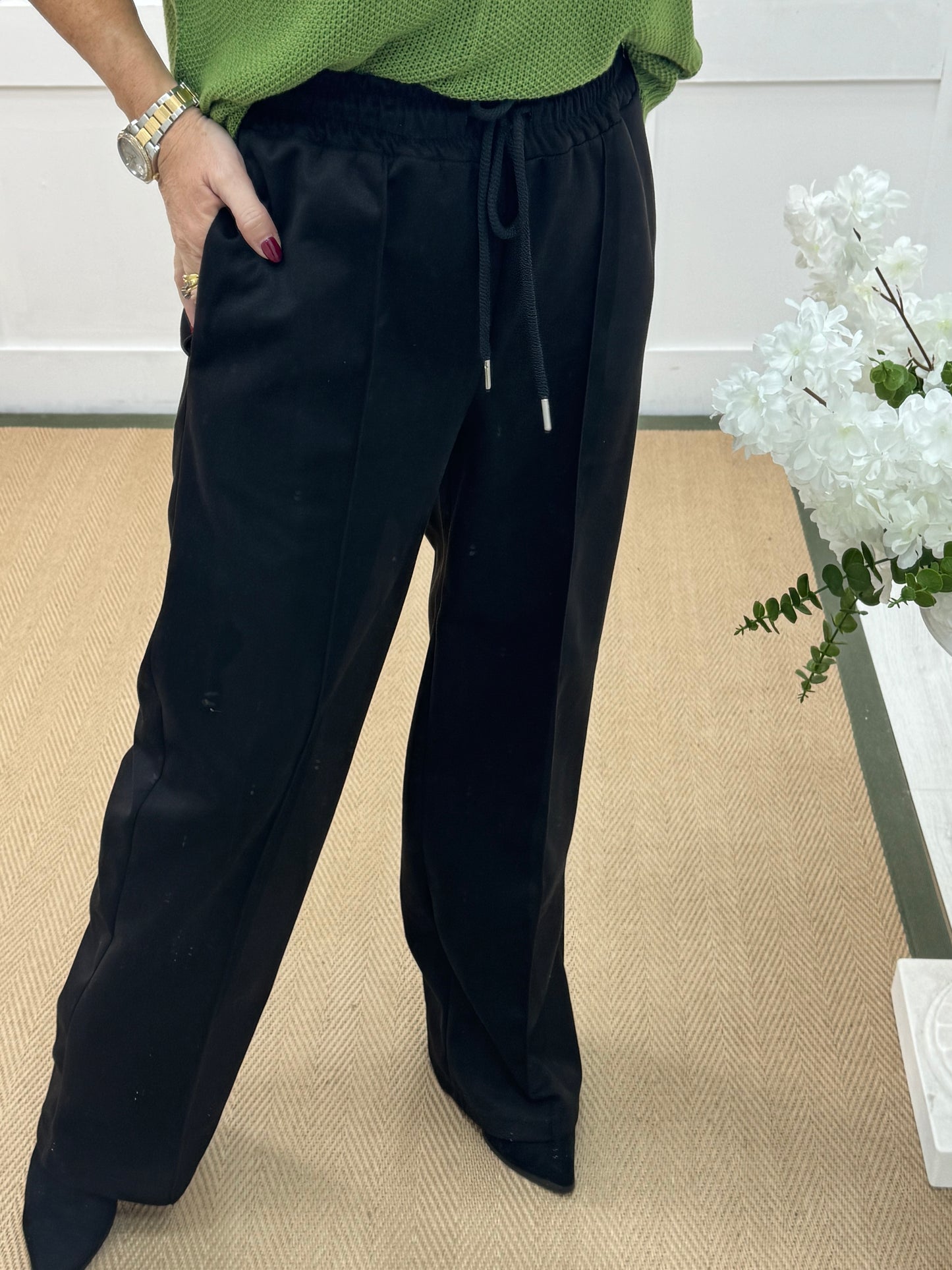 Sadie: Black suedette wide leg pocket trousers. One size: 10-16