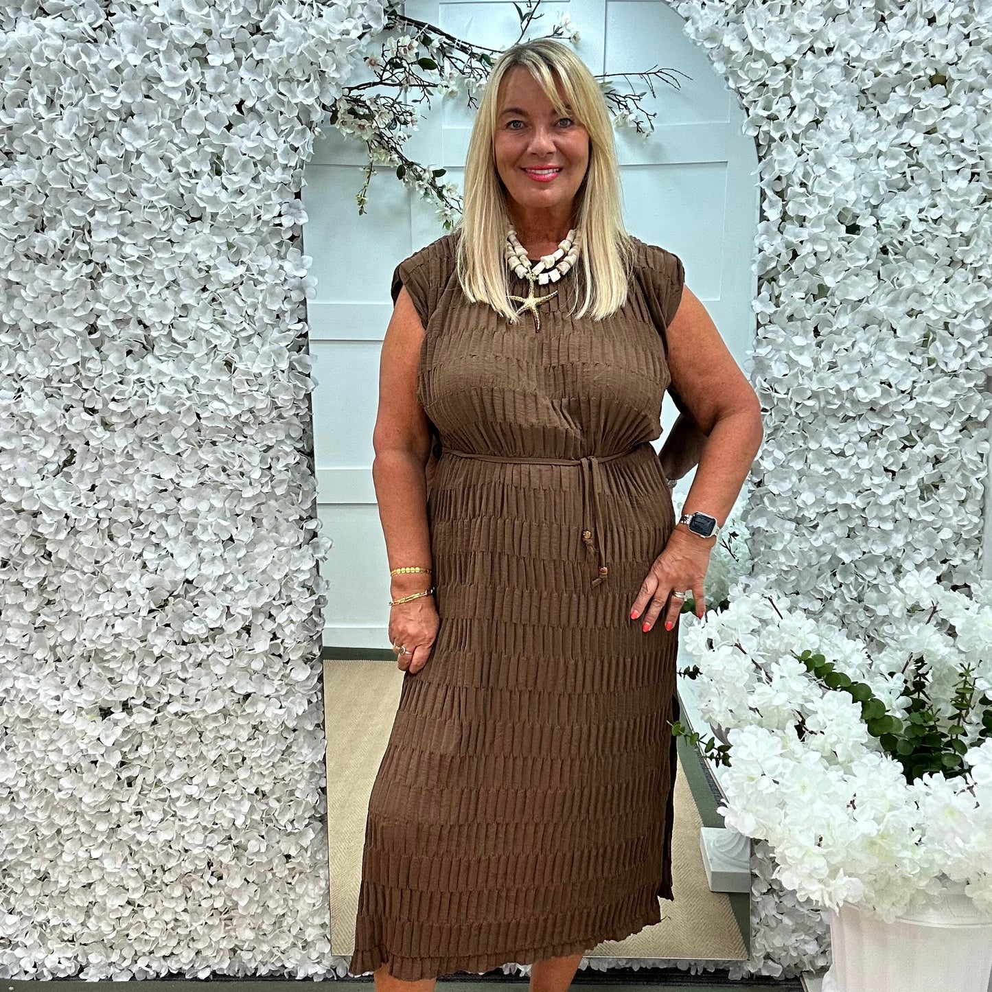 Serena: Brown waffle belted midi dress. One size 14-20