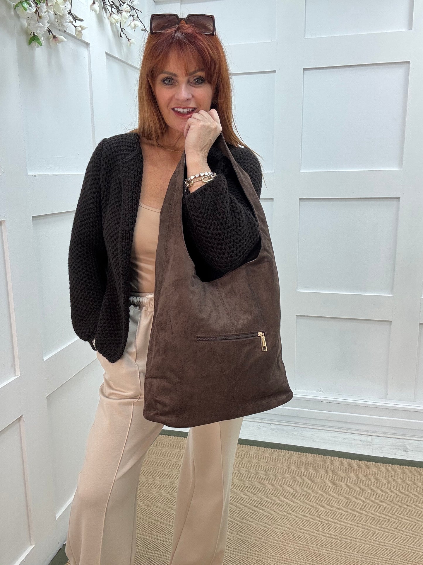 Sable: Brown vegan suede slouchy bag