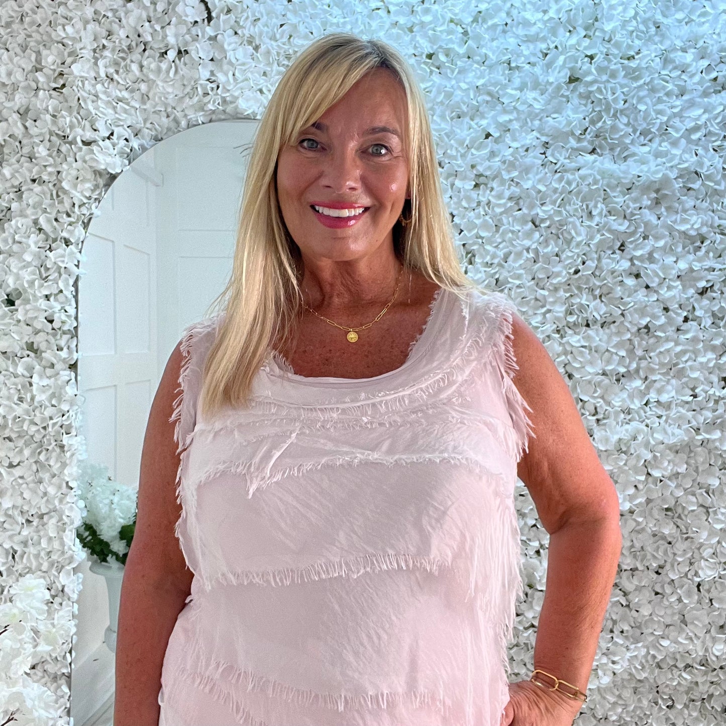 Aspen: Pink silk layered sleeveless top. One size 10-18