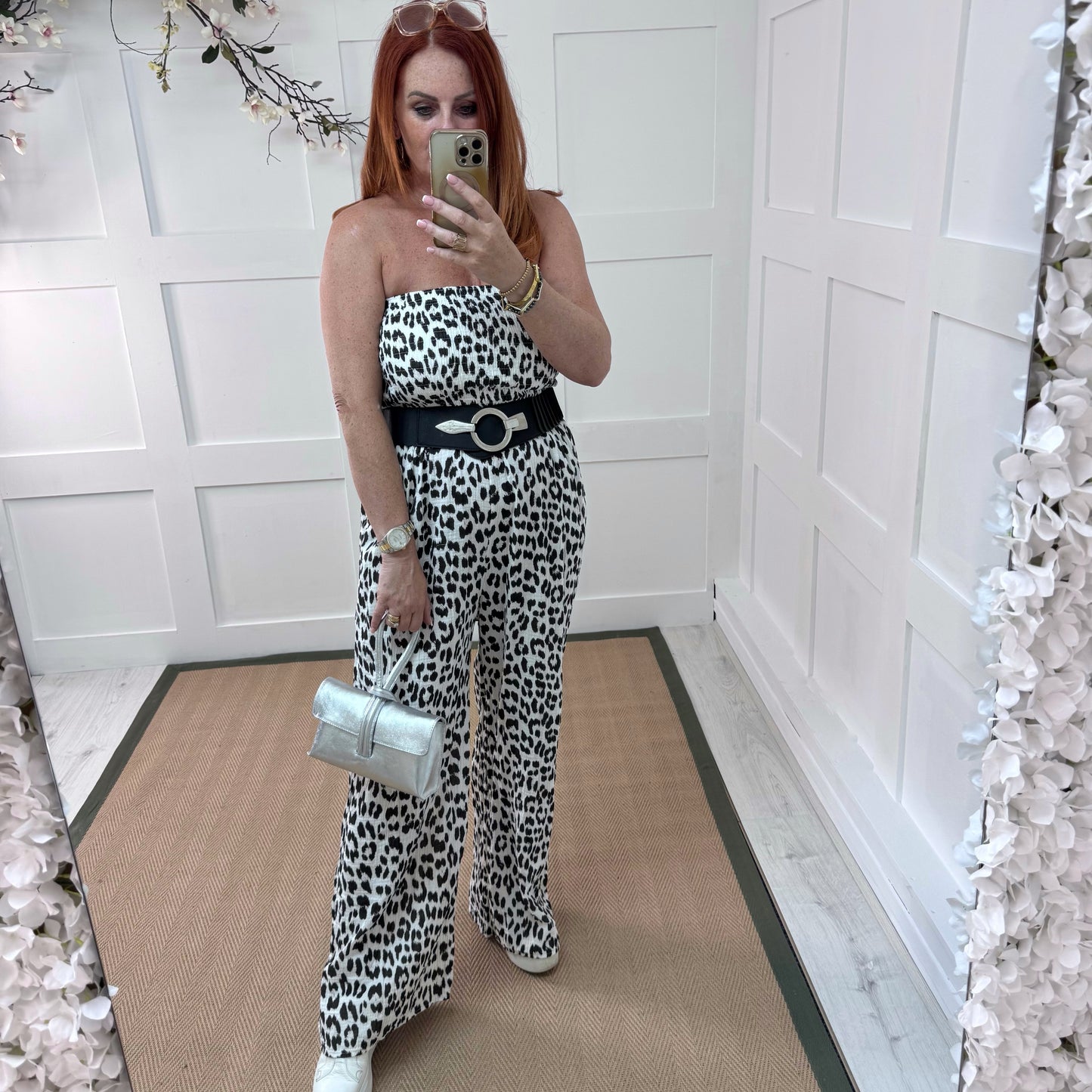 Hollie: Black leopard print wide leg jumpsuit. One size: 12-18