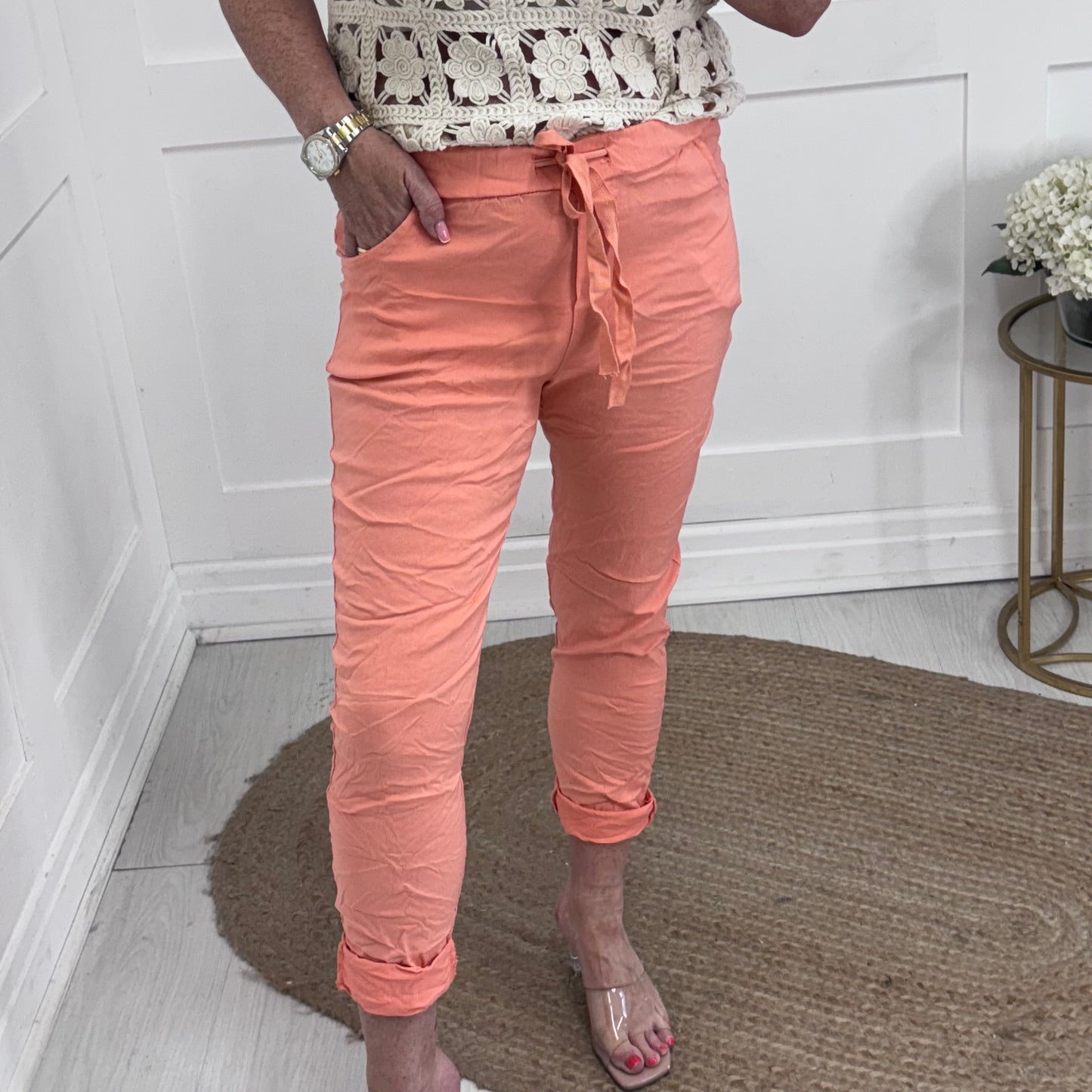Marnie: Stretchy peach magic trousers with rear pockets. 3 Sizes: 10-22