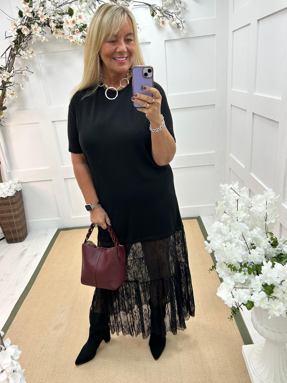 Celeste: Black lace maxi dress. One size: 14-18