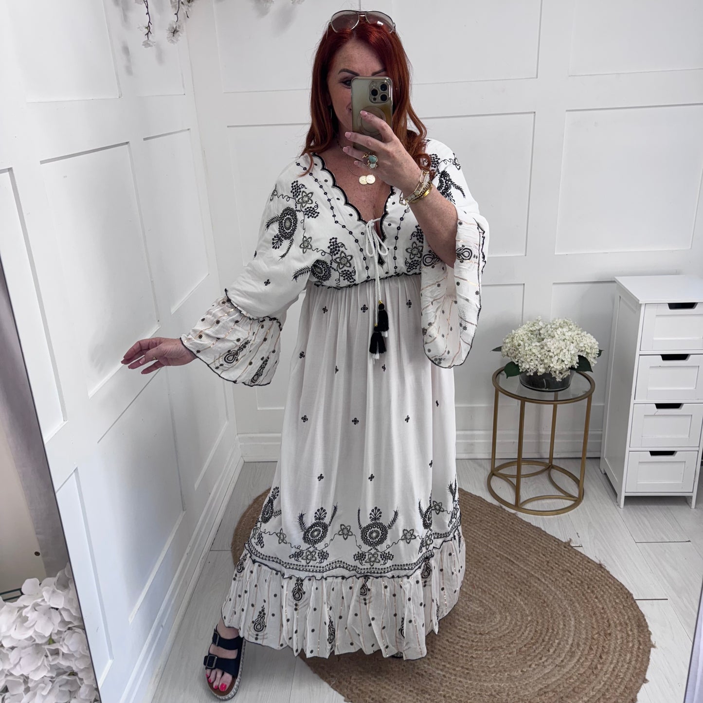 Carlie: White & black bohemian maxi dress. One size: 12-18