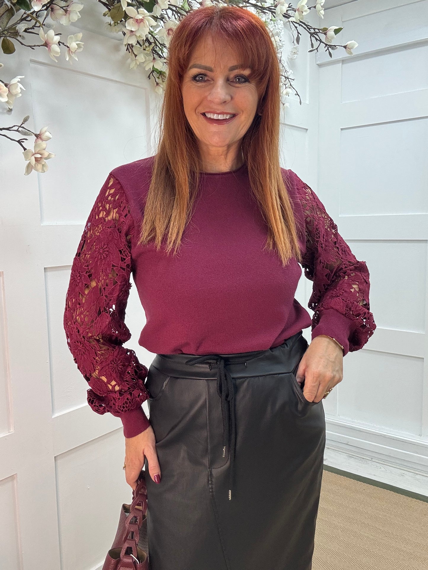 Gemma: Burgundy crochet balloon sleeve top. One size 12-16