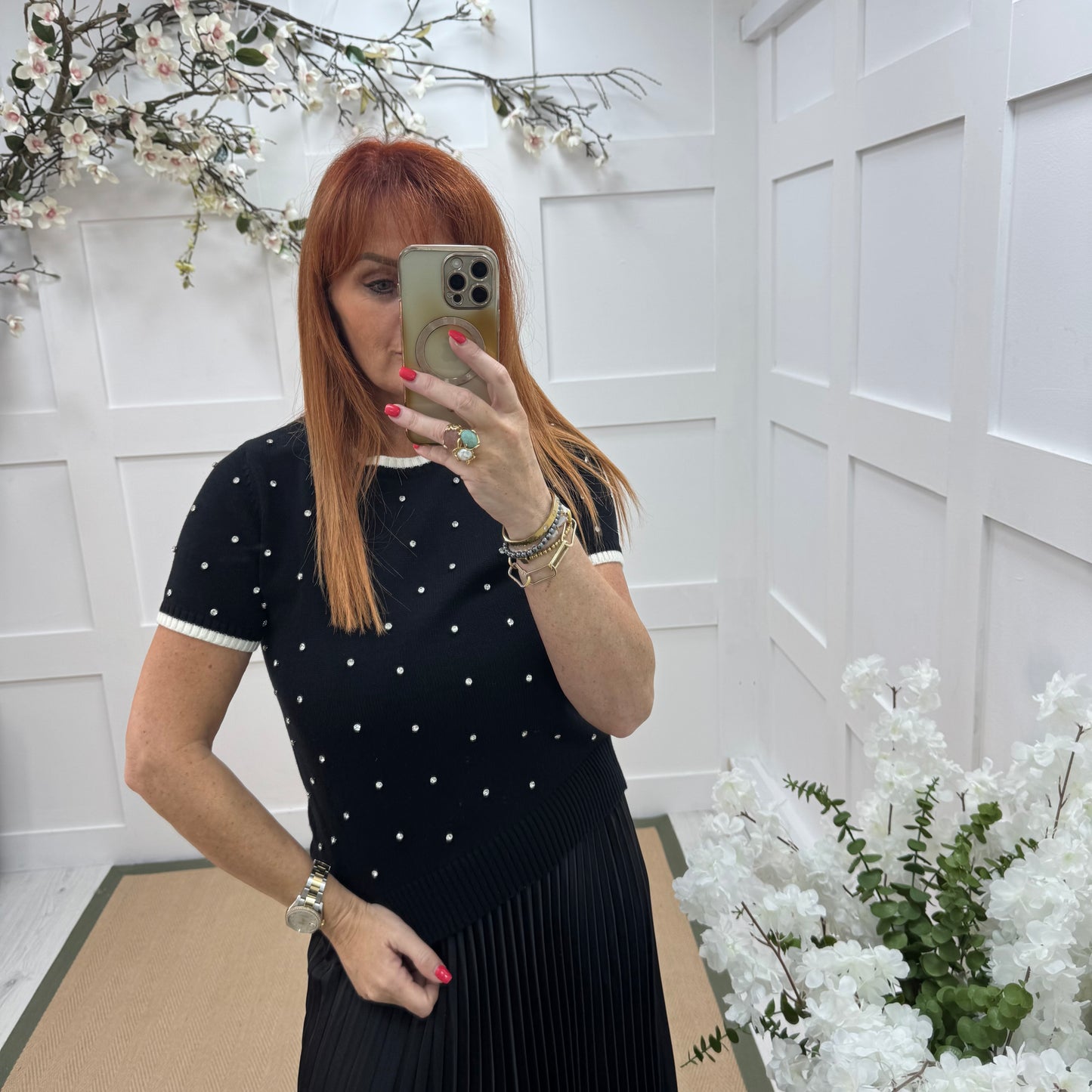 Noelle: Black stretchy knit rhinestone top. 2 sizes