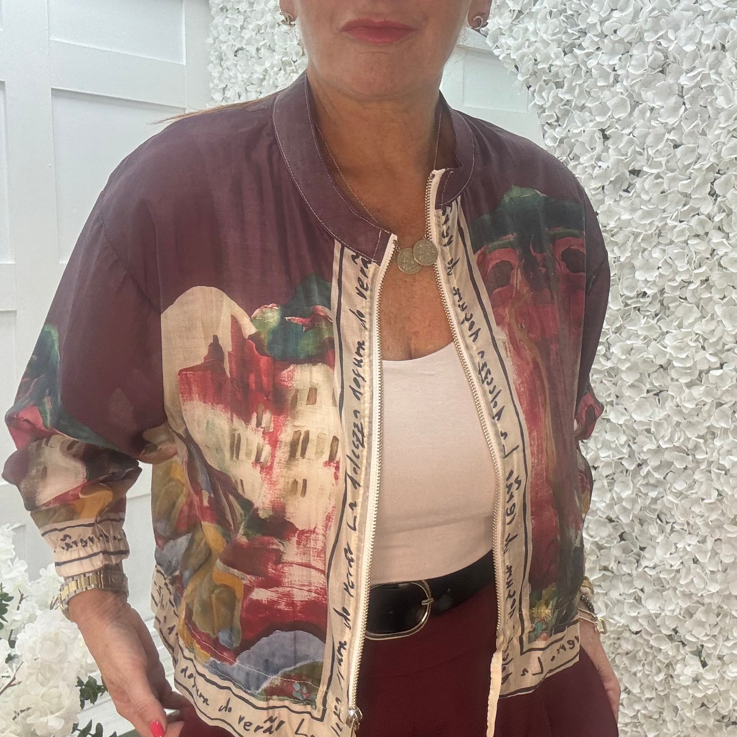 Steph: Silky burgundy Amalfi printed bomber jacket. One size: 8-18