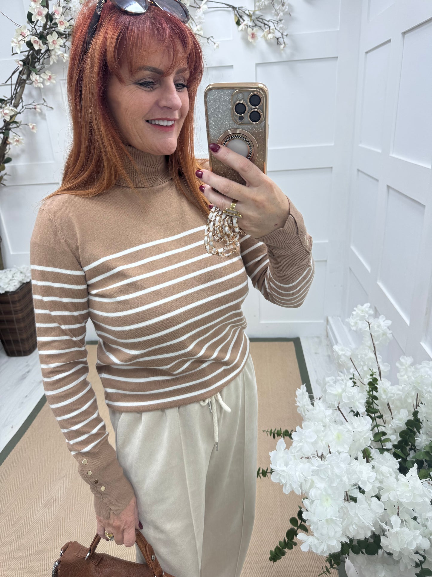 Karina: Sand & cream striped polo neck top. One size 10-14