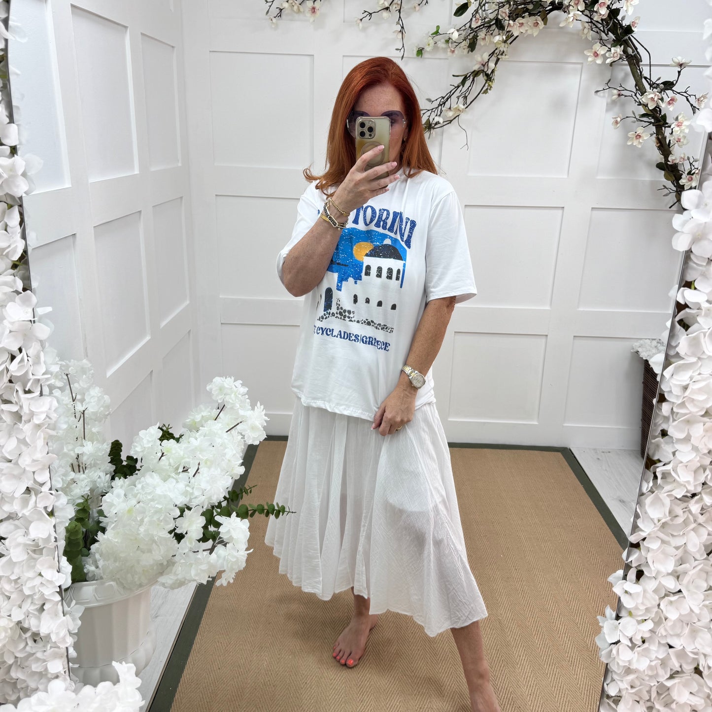 Serena: White & blue Santorini T shirt. One size 14-18