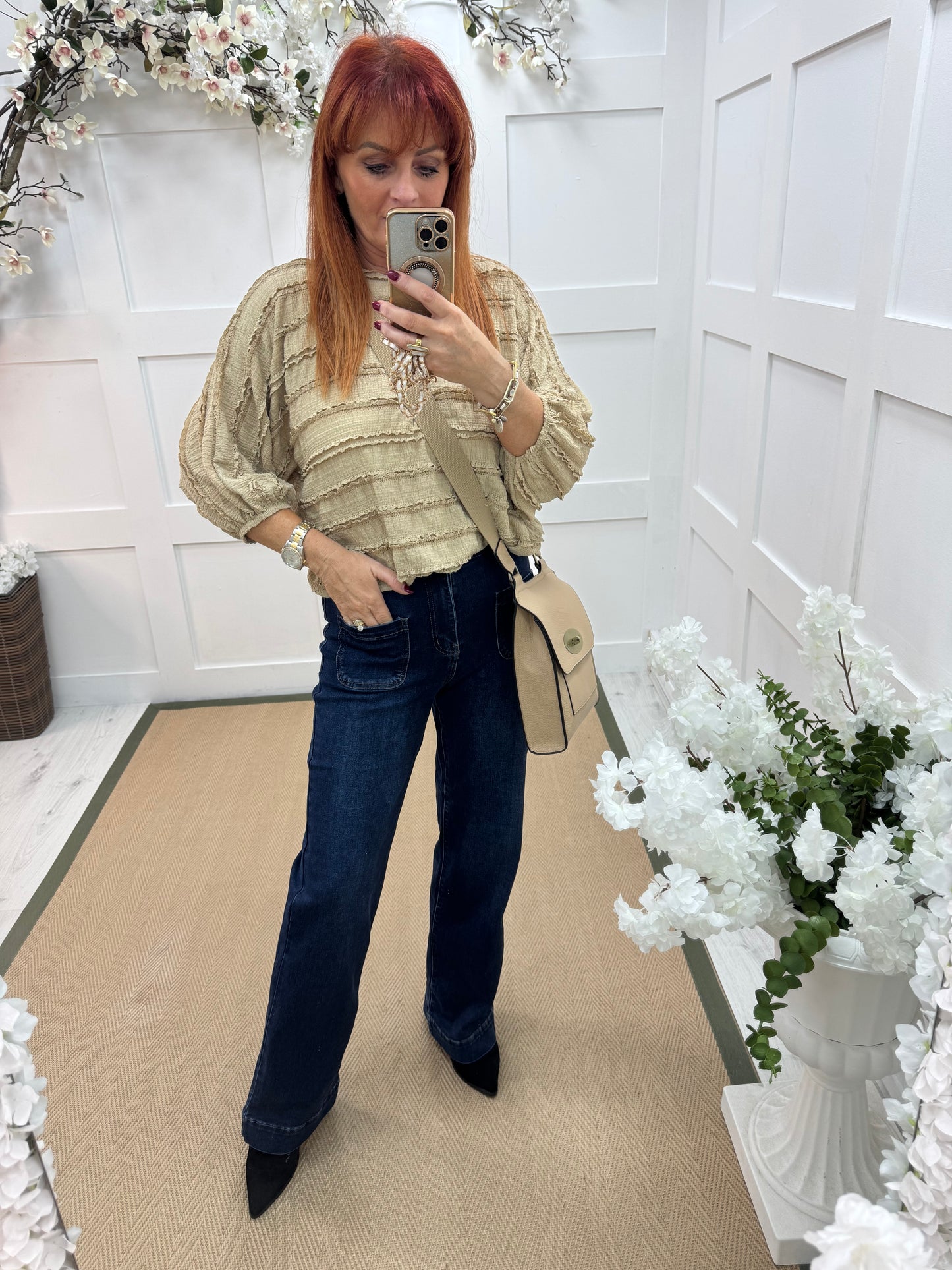 Suzie: Mid blue front pocket wide leg jeans. Sizes: 8-16