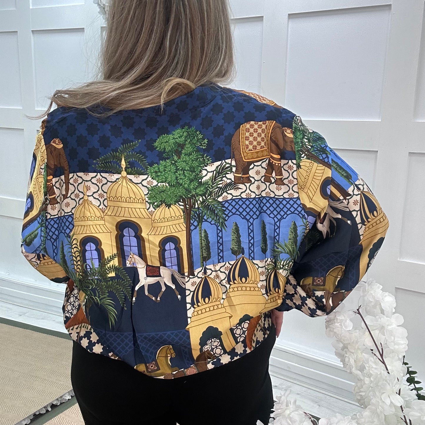 Indigo: Silky Indian inspired print bomber jacket. One size: 12-20