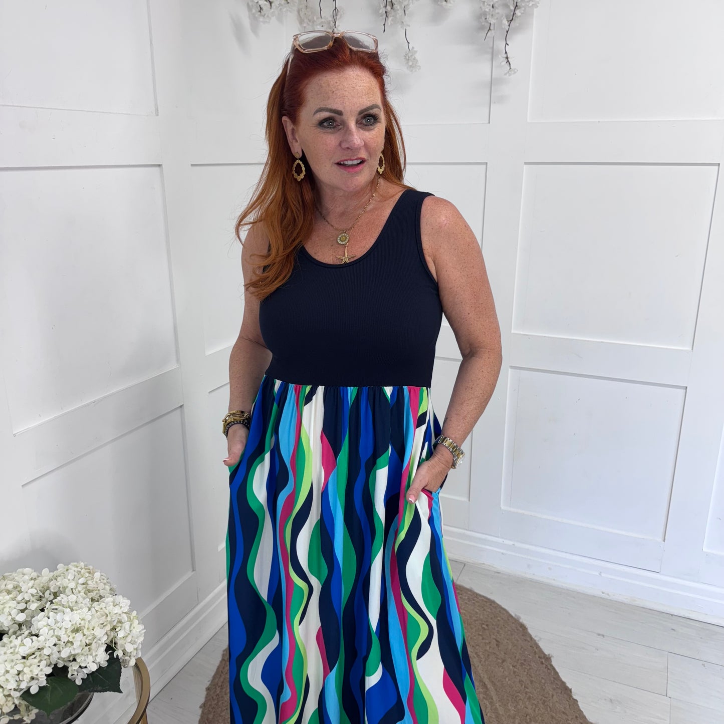 Harper: Navy & multicoloured vest dress . One size 10-18
