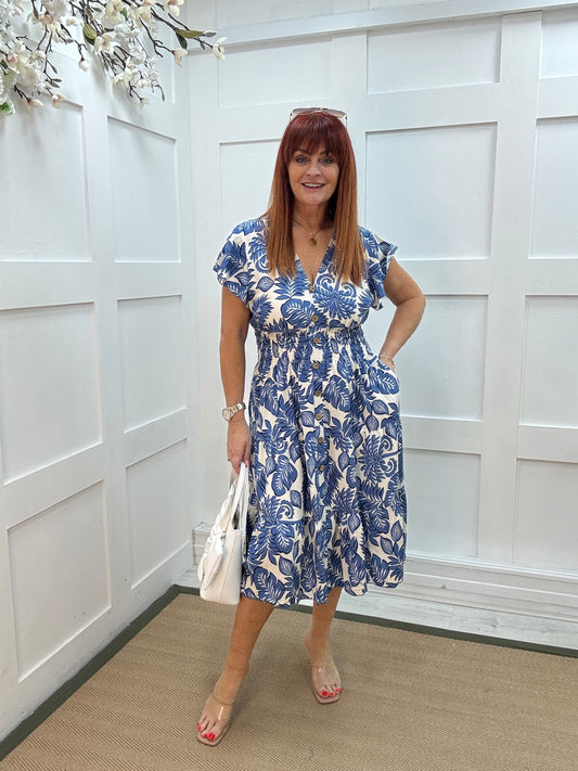 Emmy: Blue & white stretchy V neck midi dress. One size: 10-18