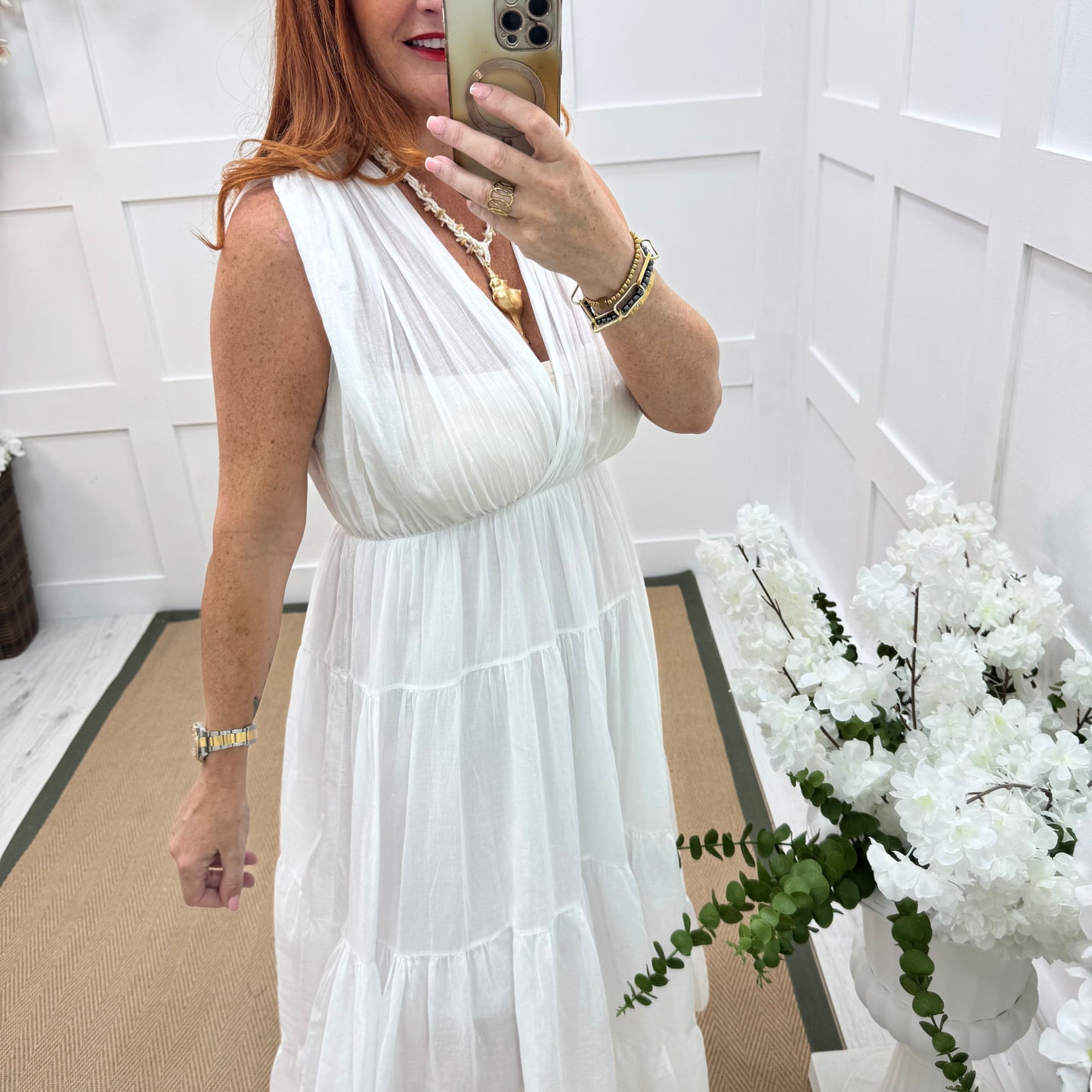 Gaynor: White Grecian tiered maxi dress. One size 12-20