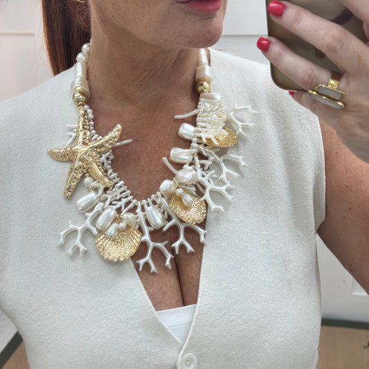 Anais: Chunky white coral & gold starfish necklace