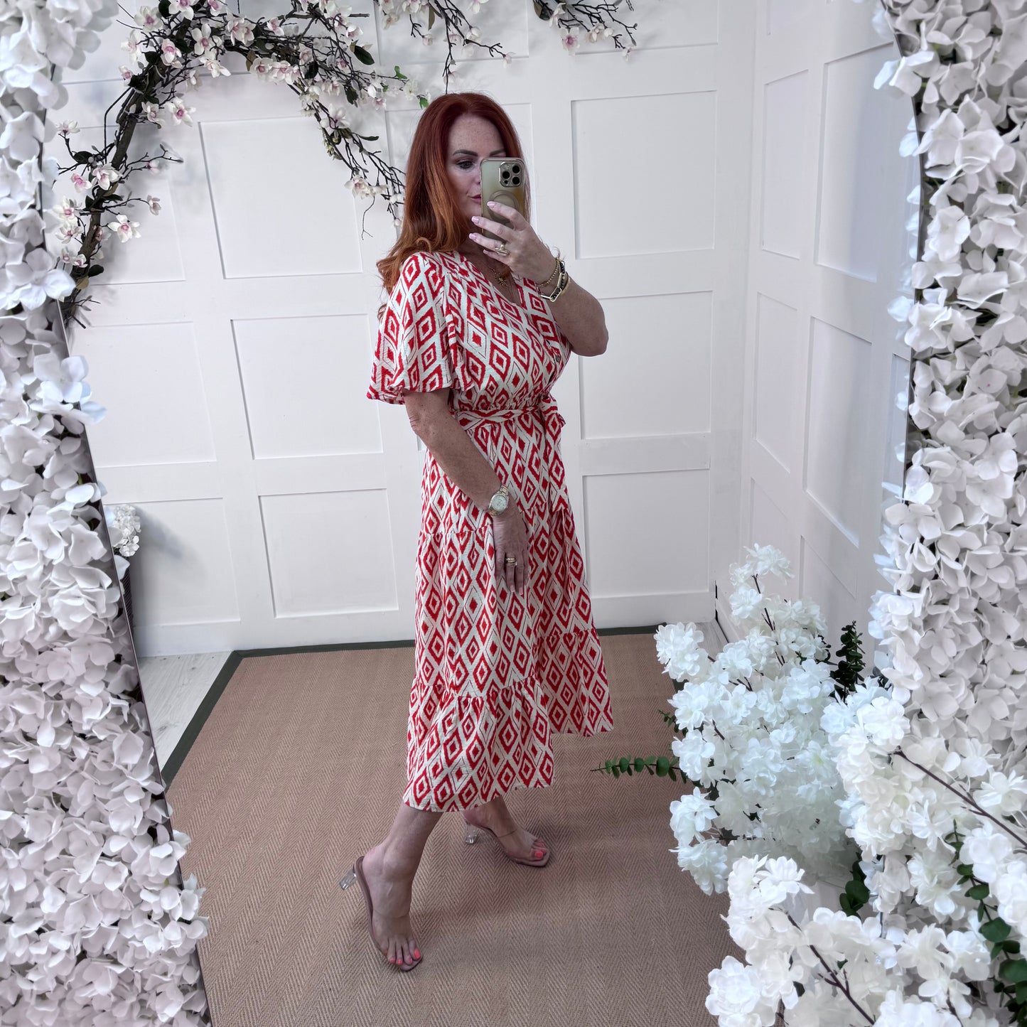 Yamina: Red & white diamond V neck midi dress. 4 sizes