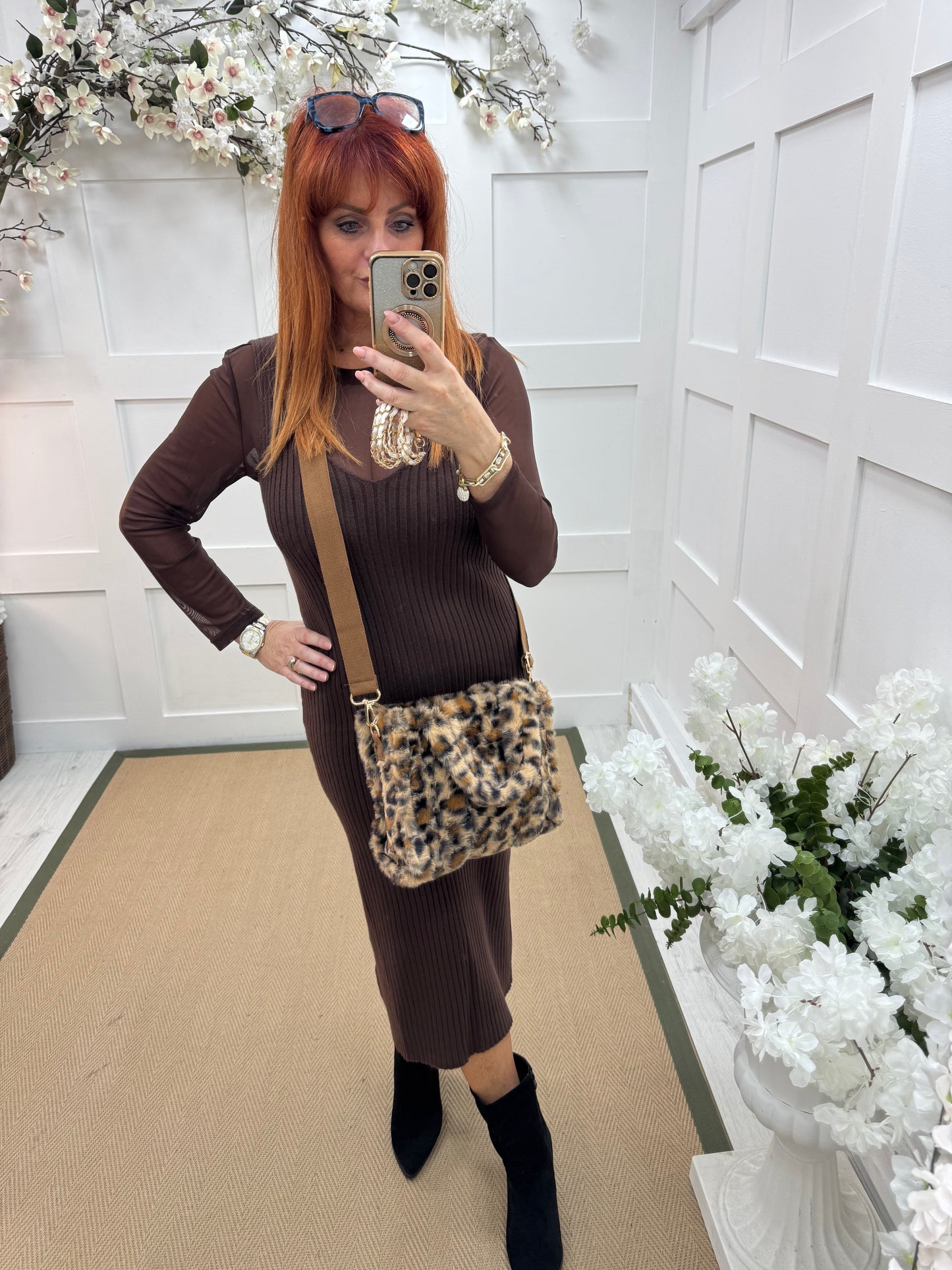 Kayla: Small faux fur leopard print tote bag
