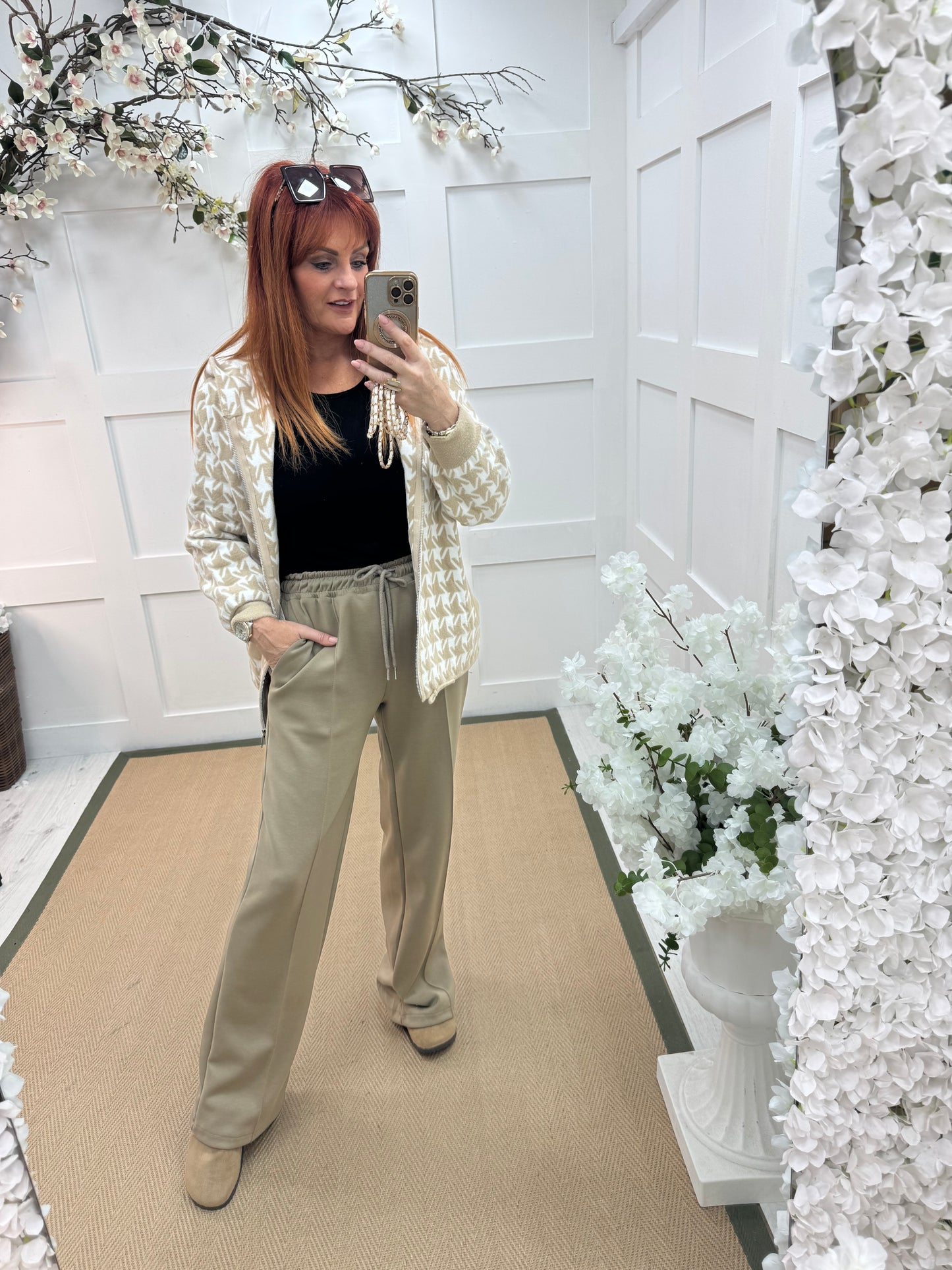 Trudy: Stone stretchy wide leg pocket trousers. 2 sizes