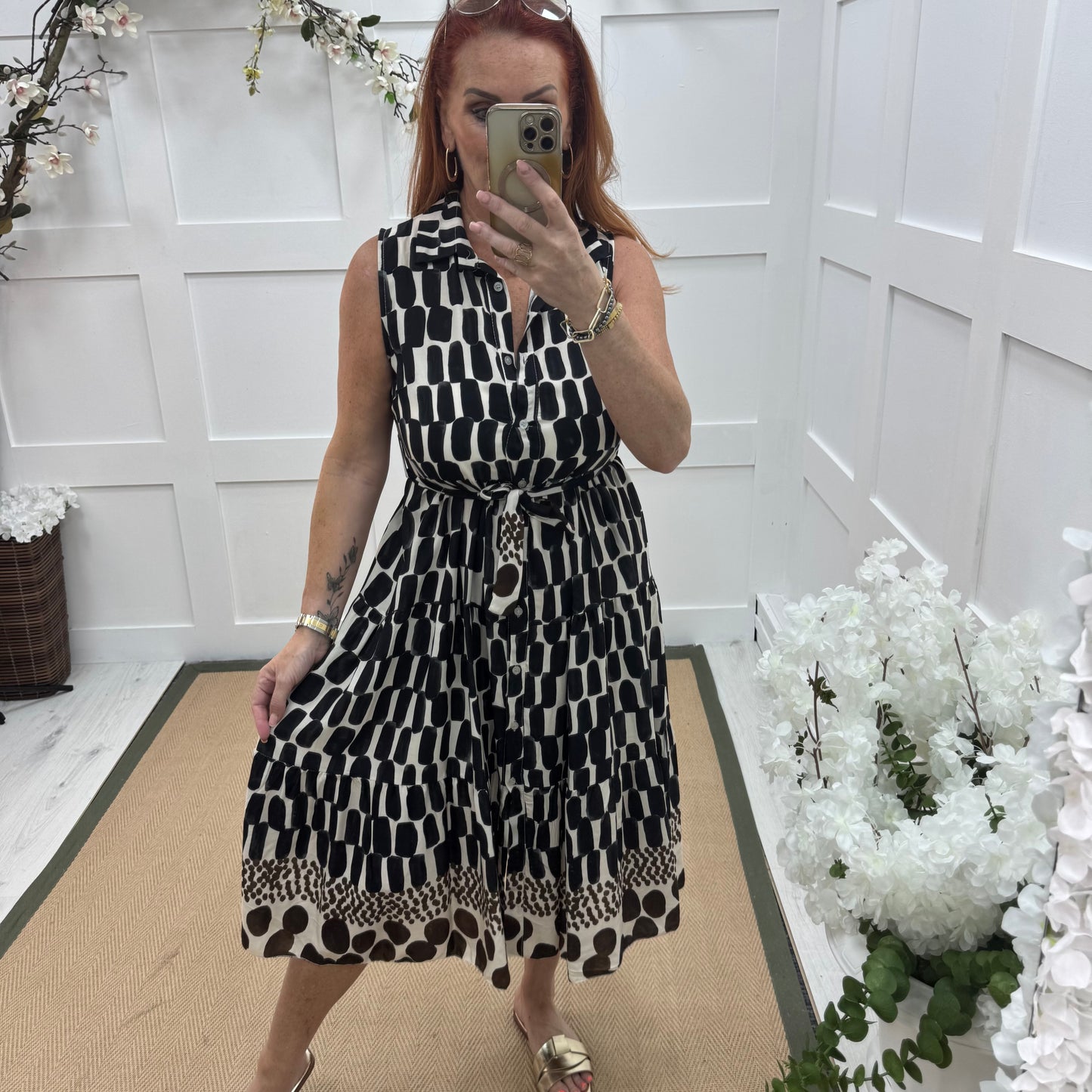 Jade: Black & cream belted midi dress. One size 10-14