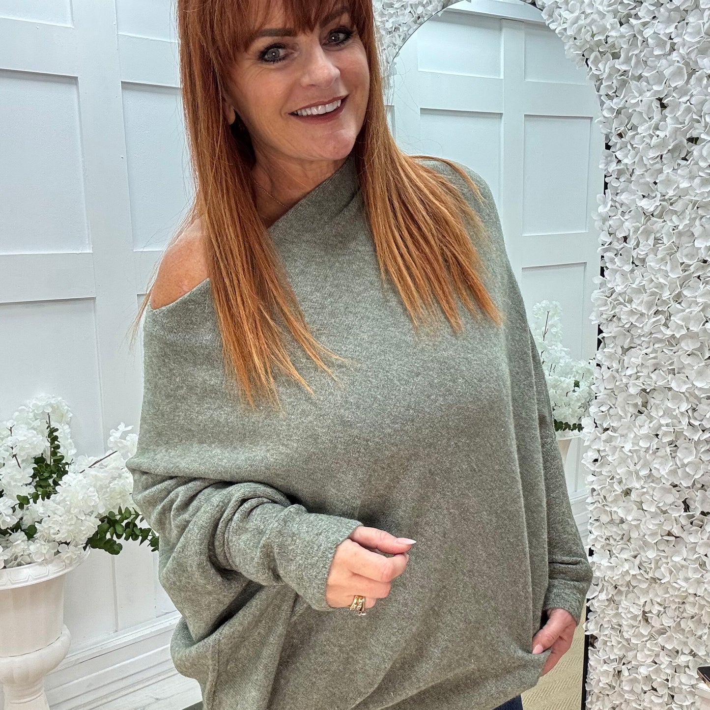 Erica: Khaki asymmetrical slouch soft knit top. One size 10-18