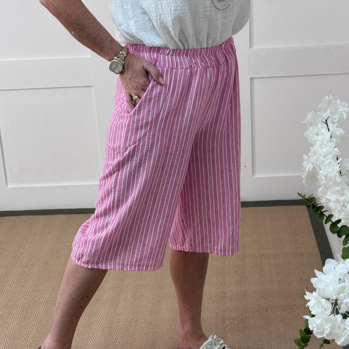 Fran: Pink & white stripe shorts. One Size 10-16