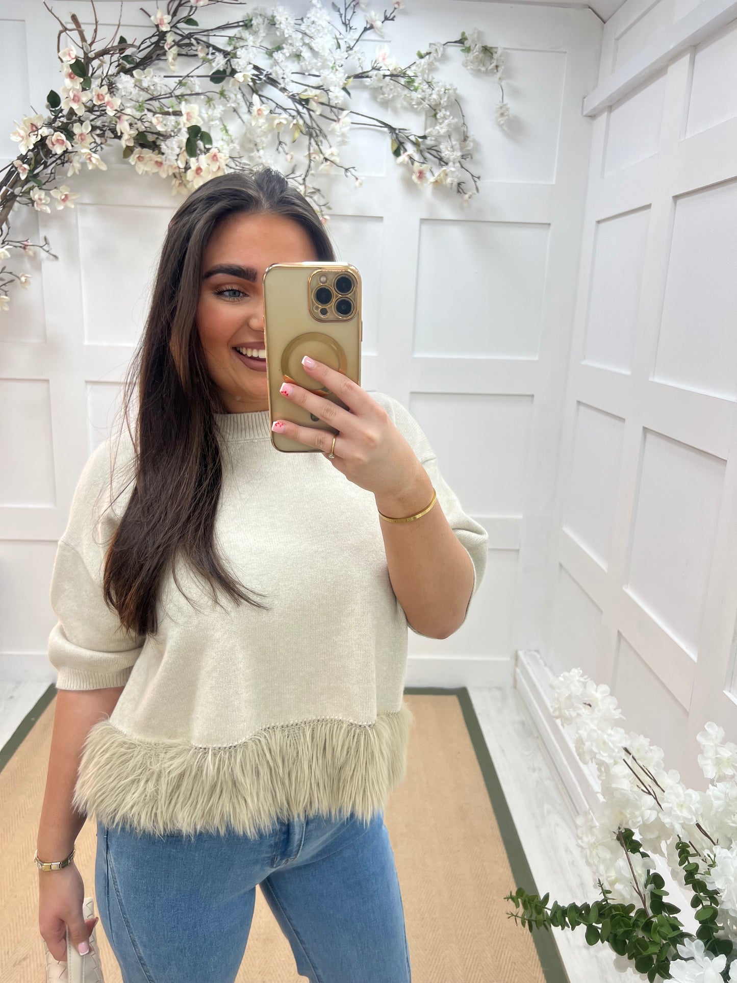 Honey: Beige fringe hem knit top. One size: 10-16