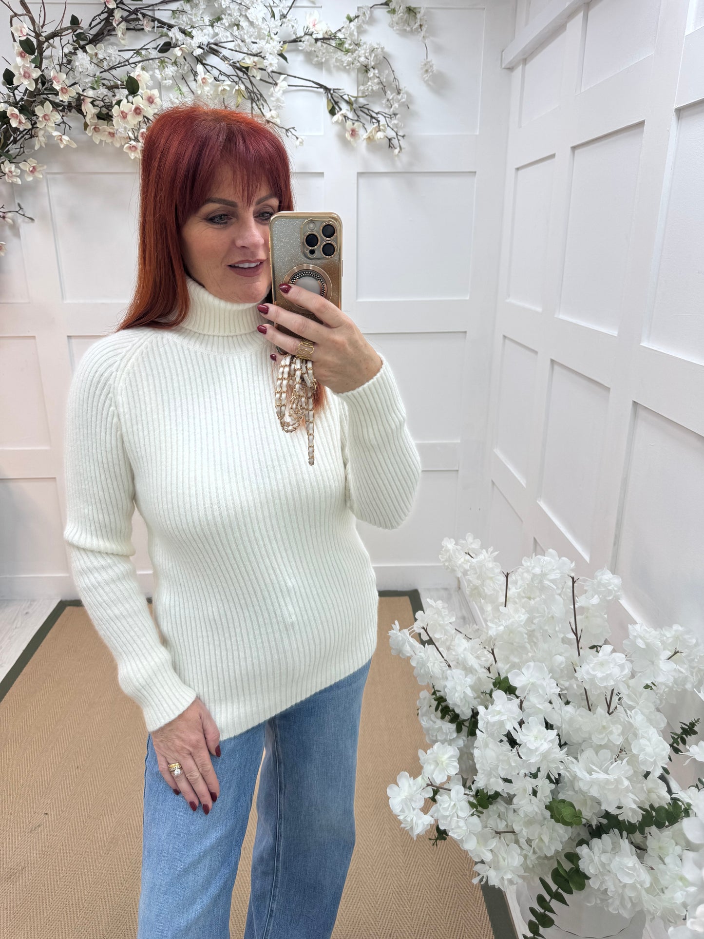Elsie: Winter white polo neck knit. One size: 12-16