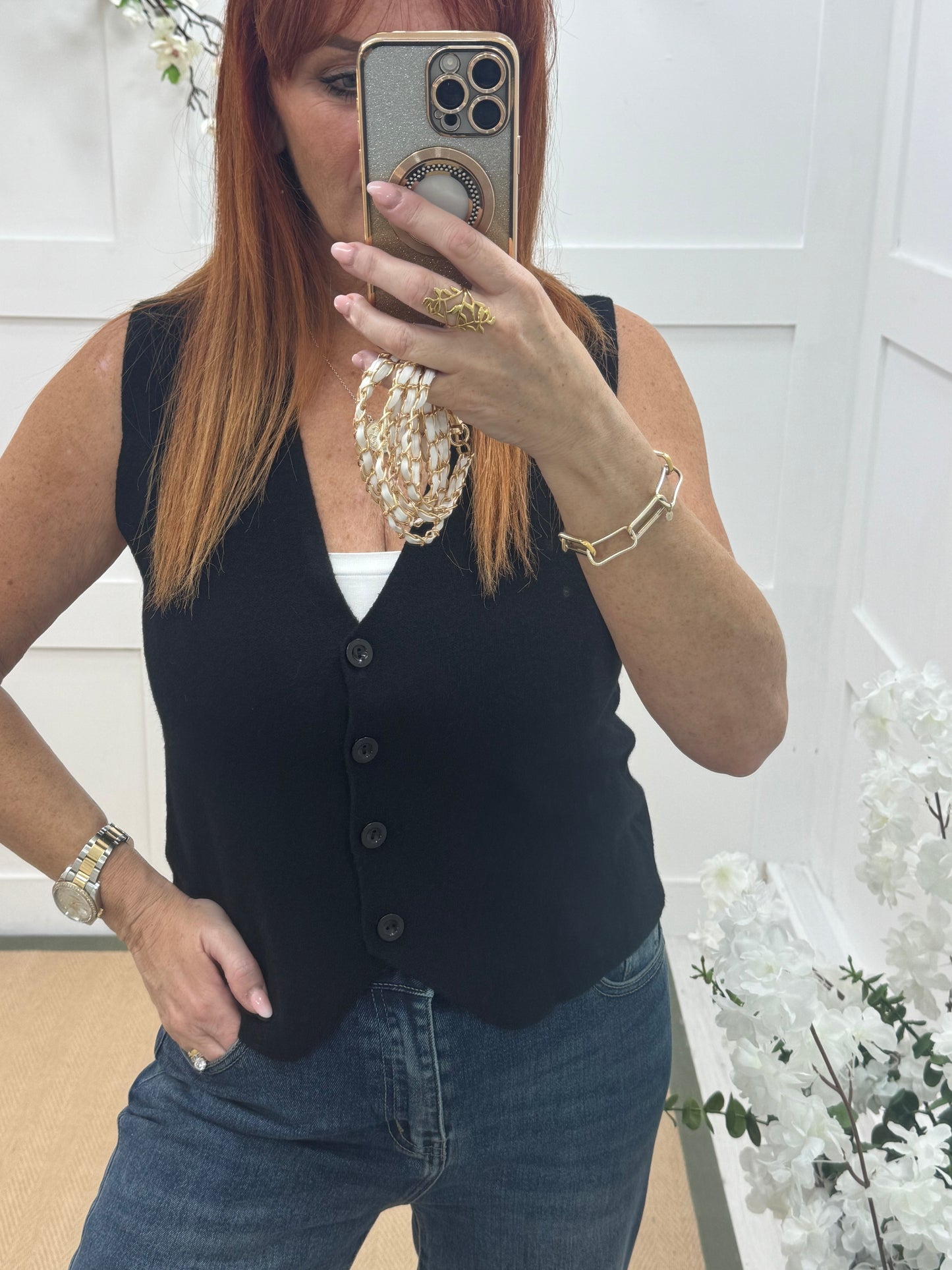 Saffron: Black fine knit button waistcoat. One size: 10-16