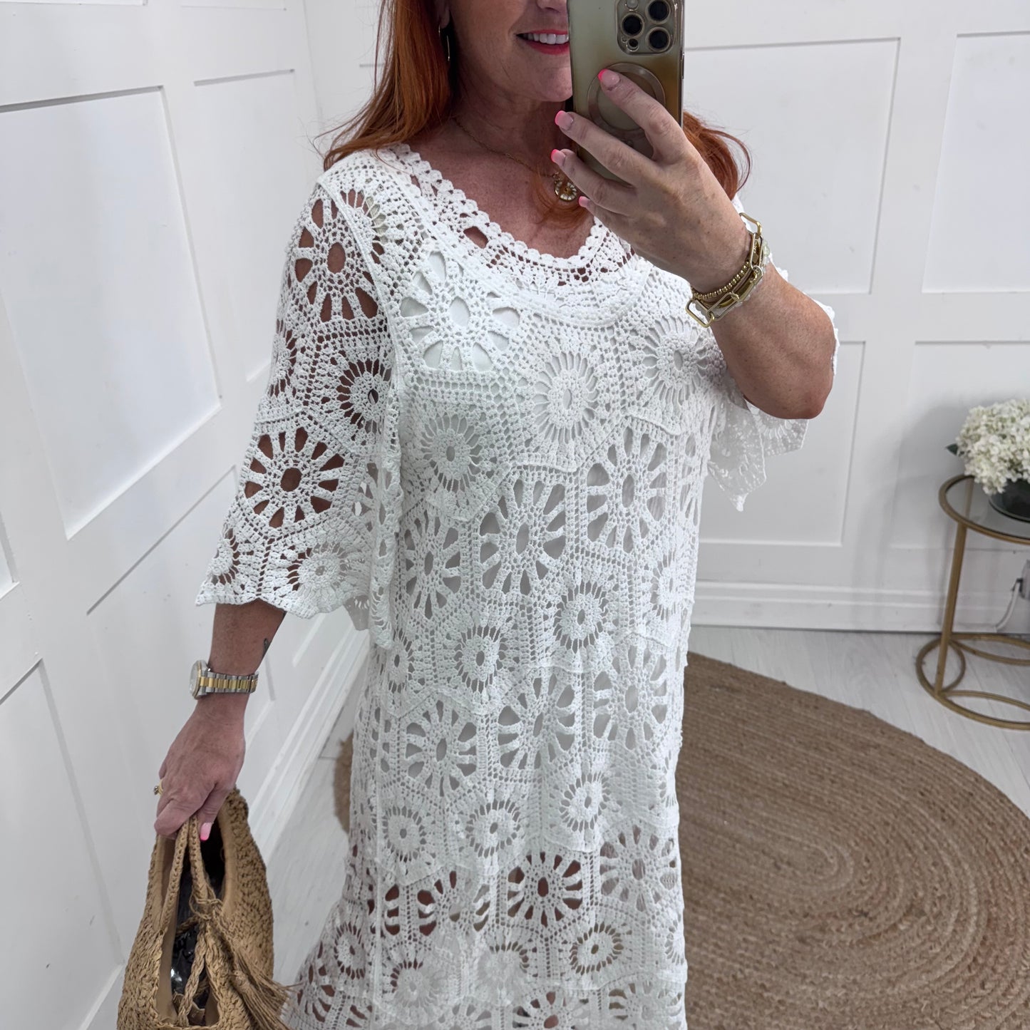 Alison: Long white crochet knit dress. One size: 12-20