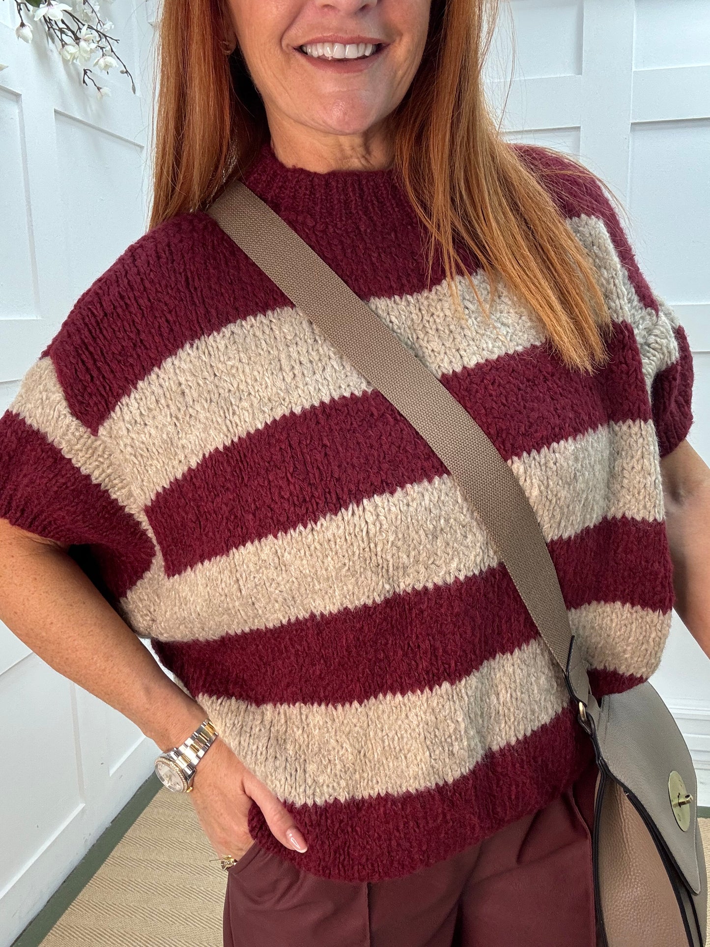 Mabel: Burgundy & cream slouchy jumper. One size 12-18/20