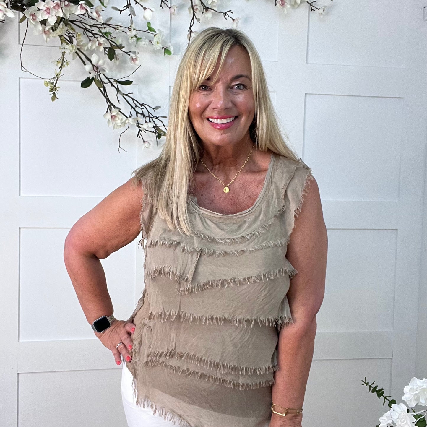 Aspen: Mocha silk layered sleeveless top. One size 10-18