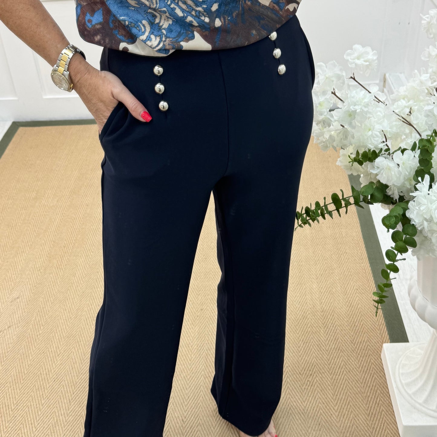 Paris: Navy stretchy gold button trousers. 4 sizes