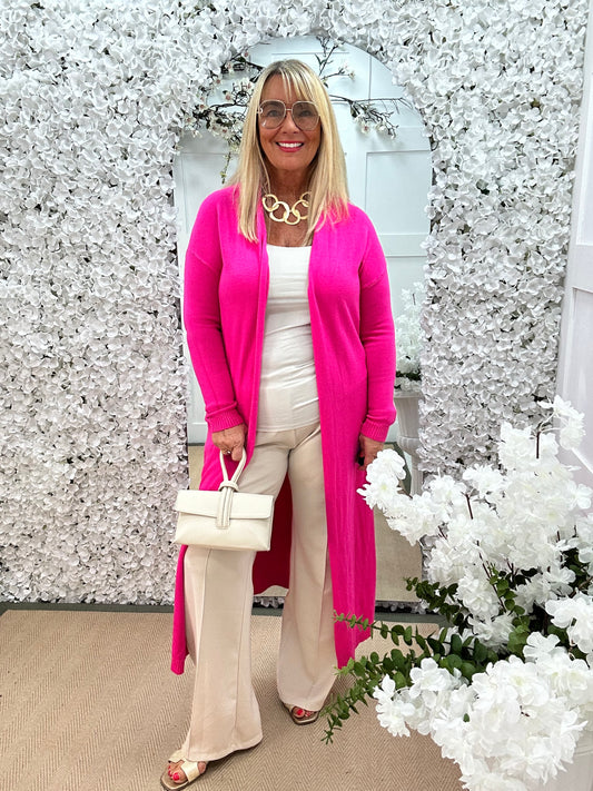 Marley: Pink plain longline pocket cardigan. One size: 12-18