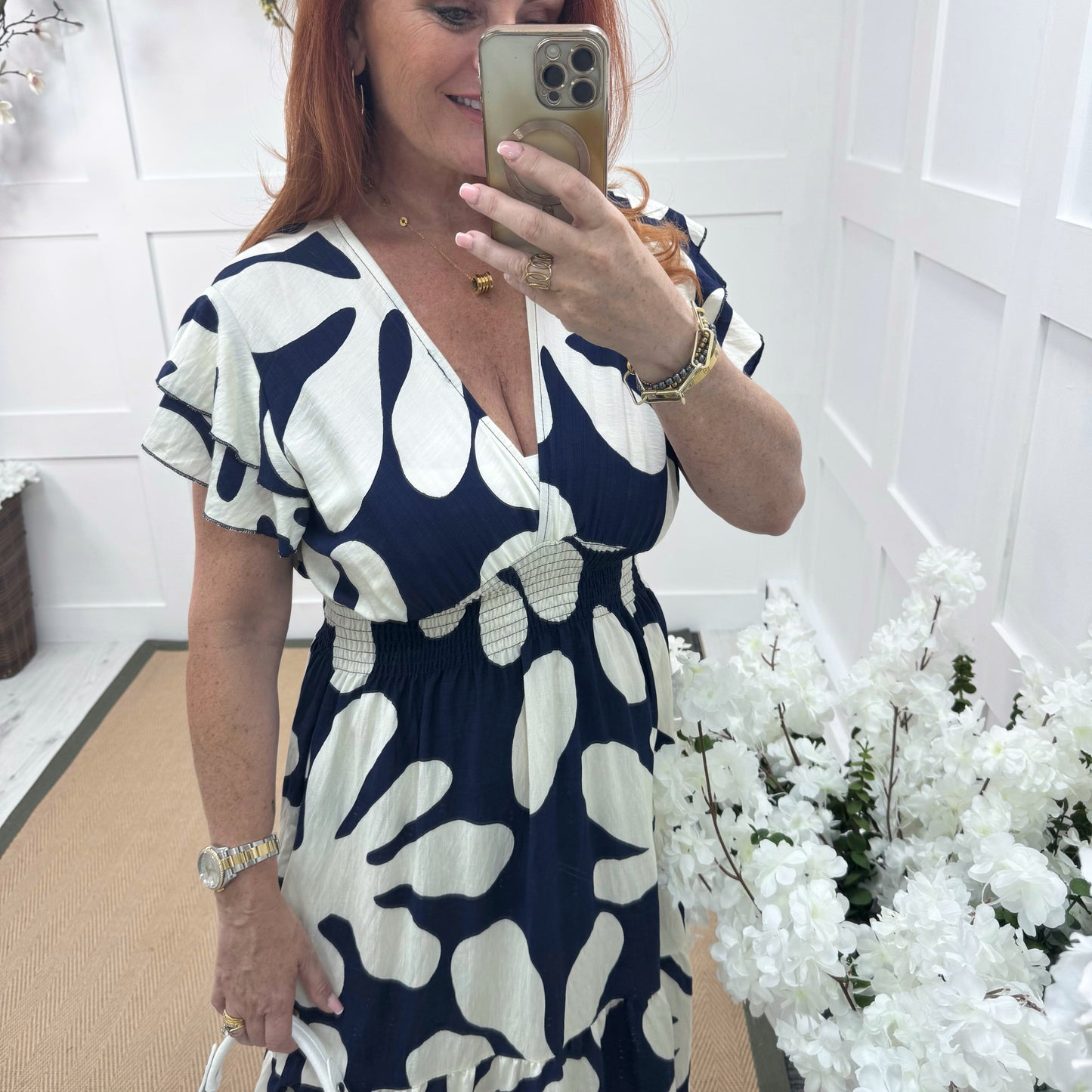 Nina: Navy & cream abstract stretchy V neck midi dress. One size: 10-20