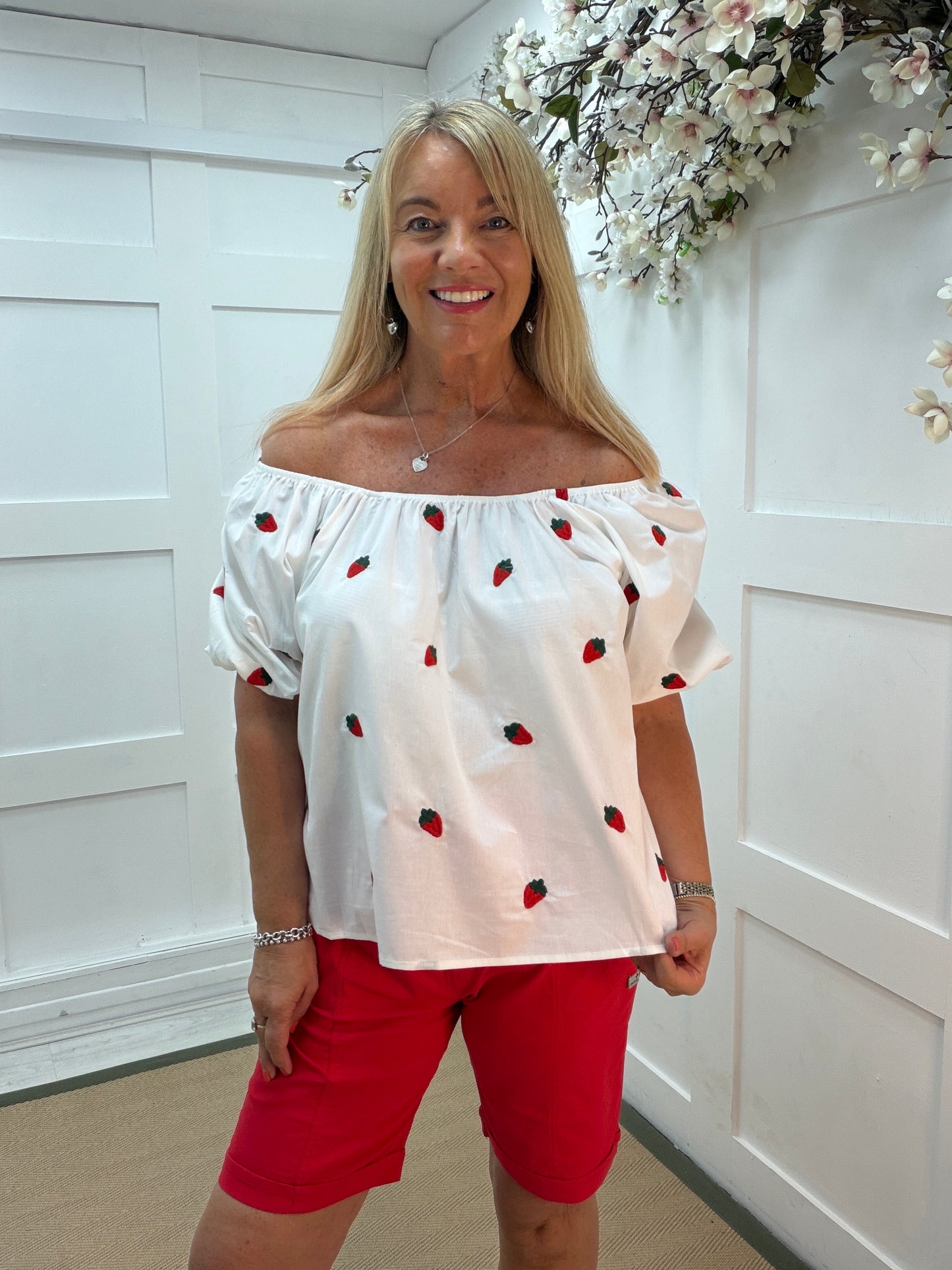 Solana: White bardot style strawberry top. 2 sizes