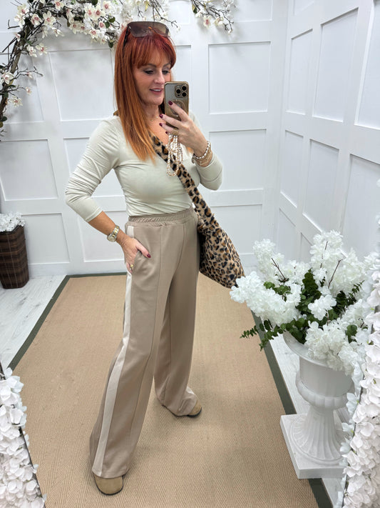 Savanna: Mocha cream sport stripe stretchy wide leg pocket trousers. One size 10-16