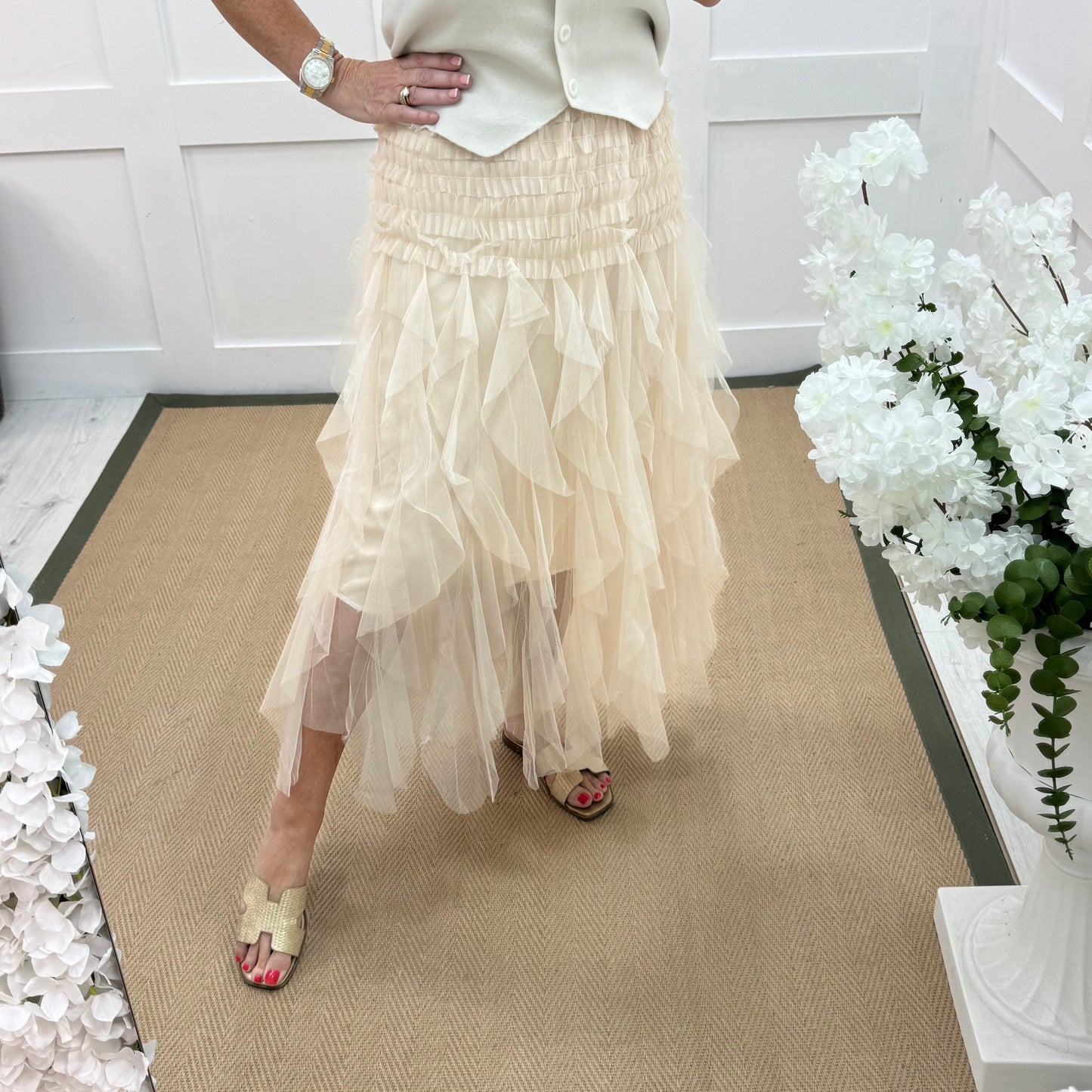Tansy: Tulle cream net layer midi skirt. One size 8-16
