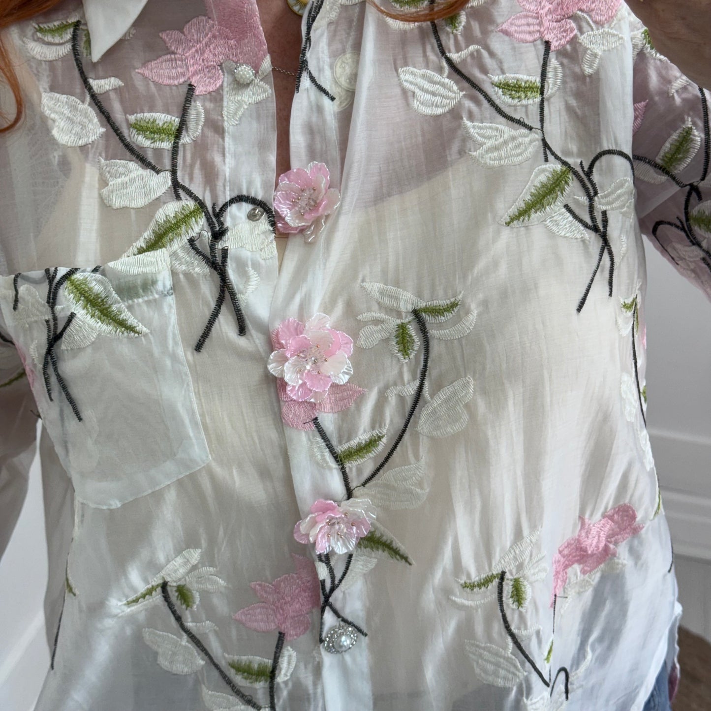 Mia: White blouse with pink acrylic flowers & embroidery. One size: 12-18