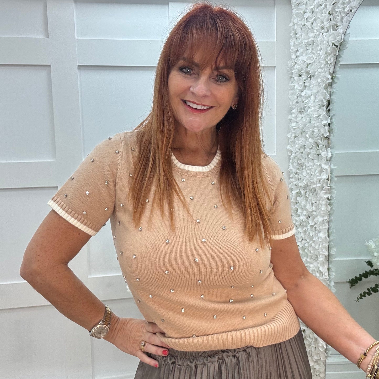 Noelle: Sand stretchy knit rhinestone top. 2 sizes