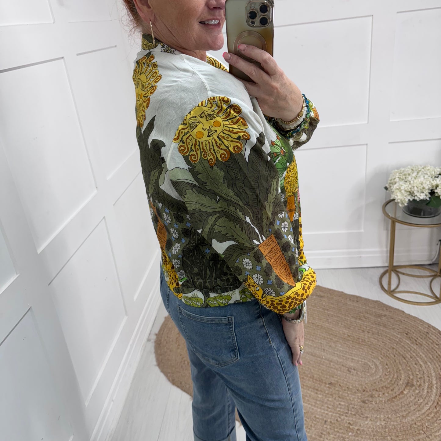 Martha: Silky khaki jungle printed bomber jacket. One size: 8-18