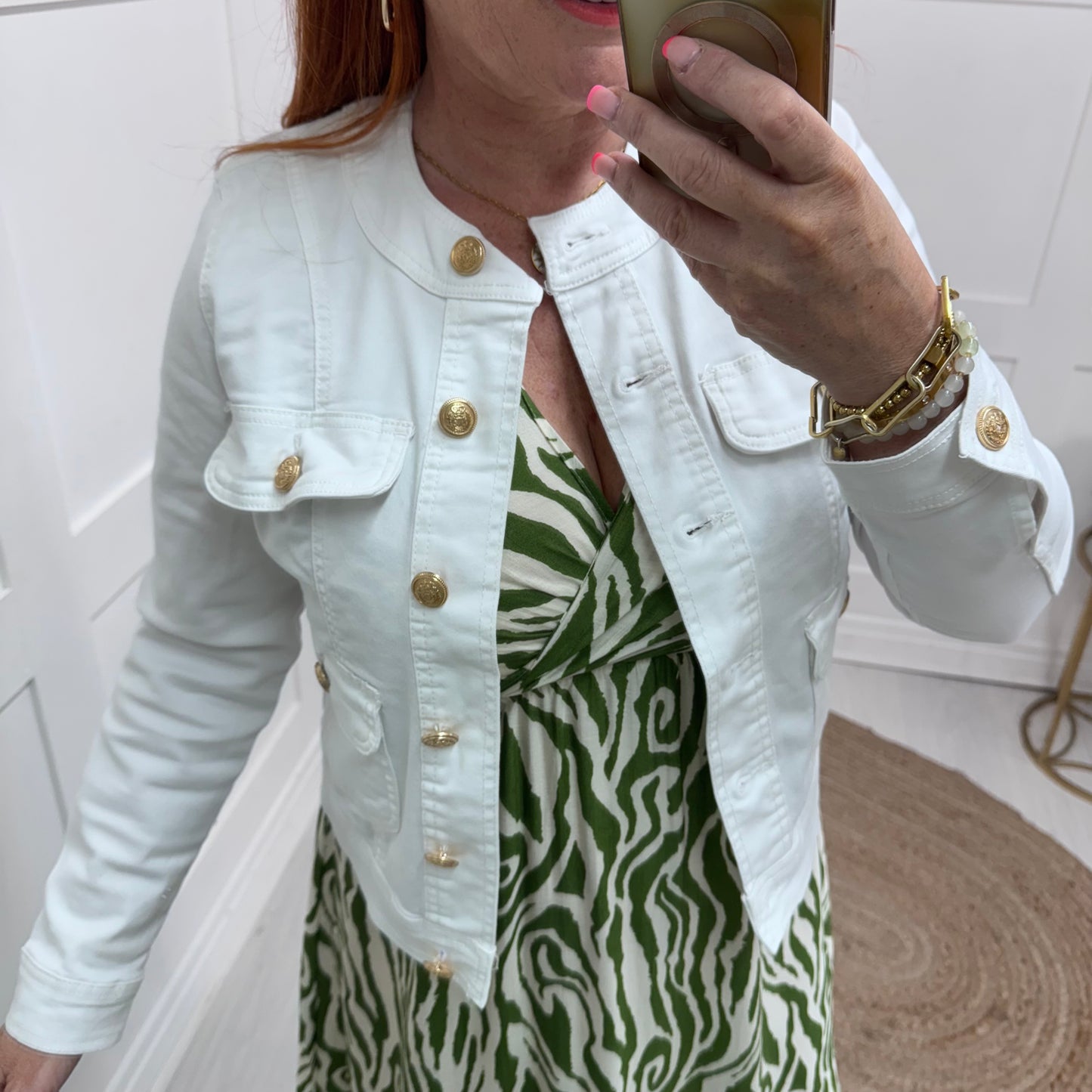 Margot: White military button denim jacket. Sizes: 10-20