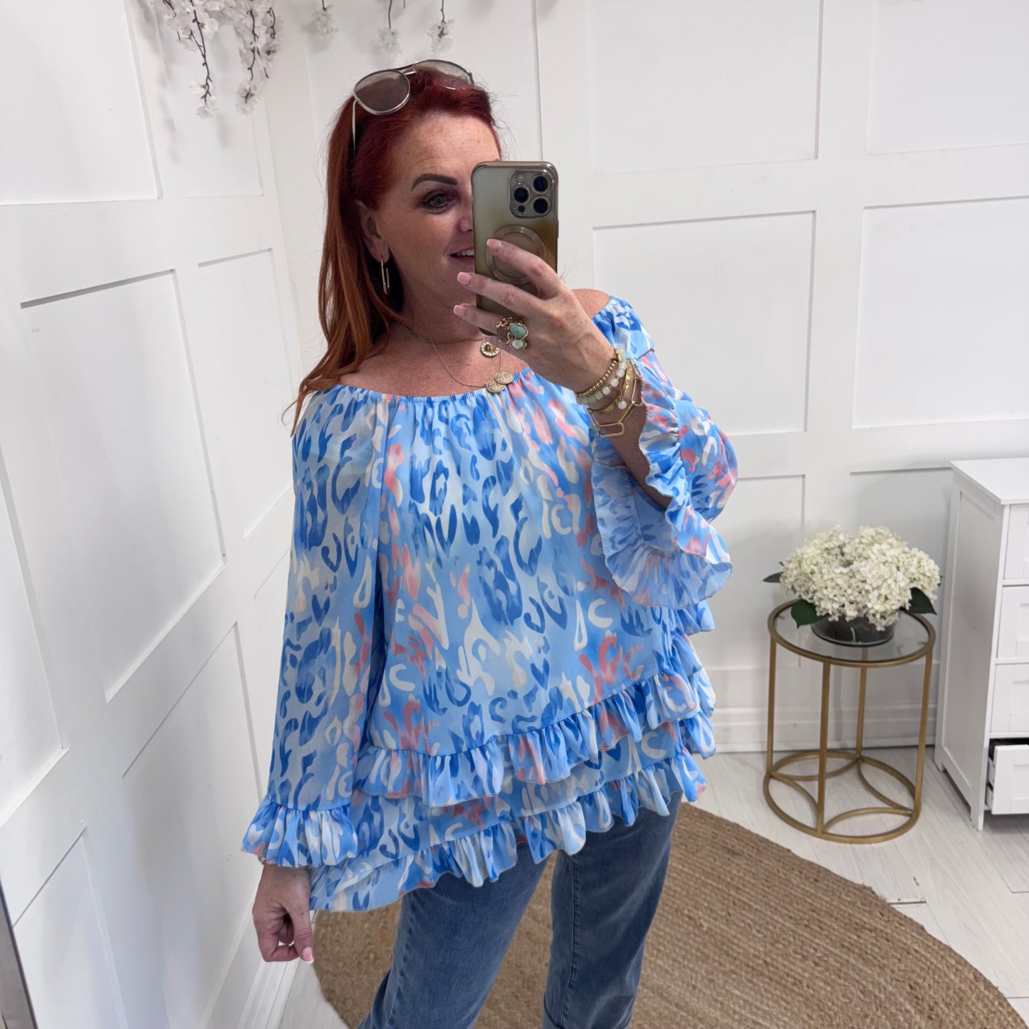 Foxy: Baby blue double frill chiffon top. One size: 10-20