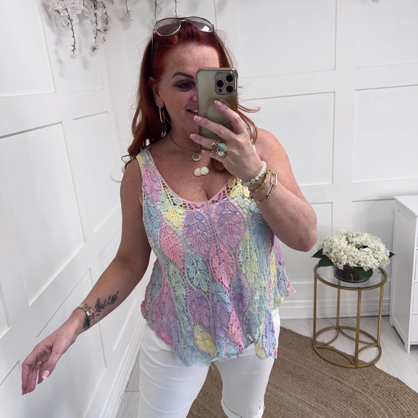 Ellen: Multicoloured crochet vest top. One size: 12-18