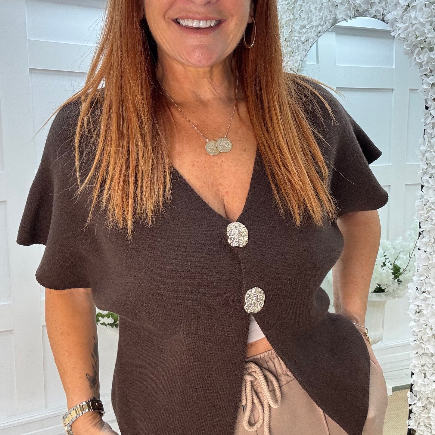 Sammi: Brown V neck gold button top. One size: 10-16