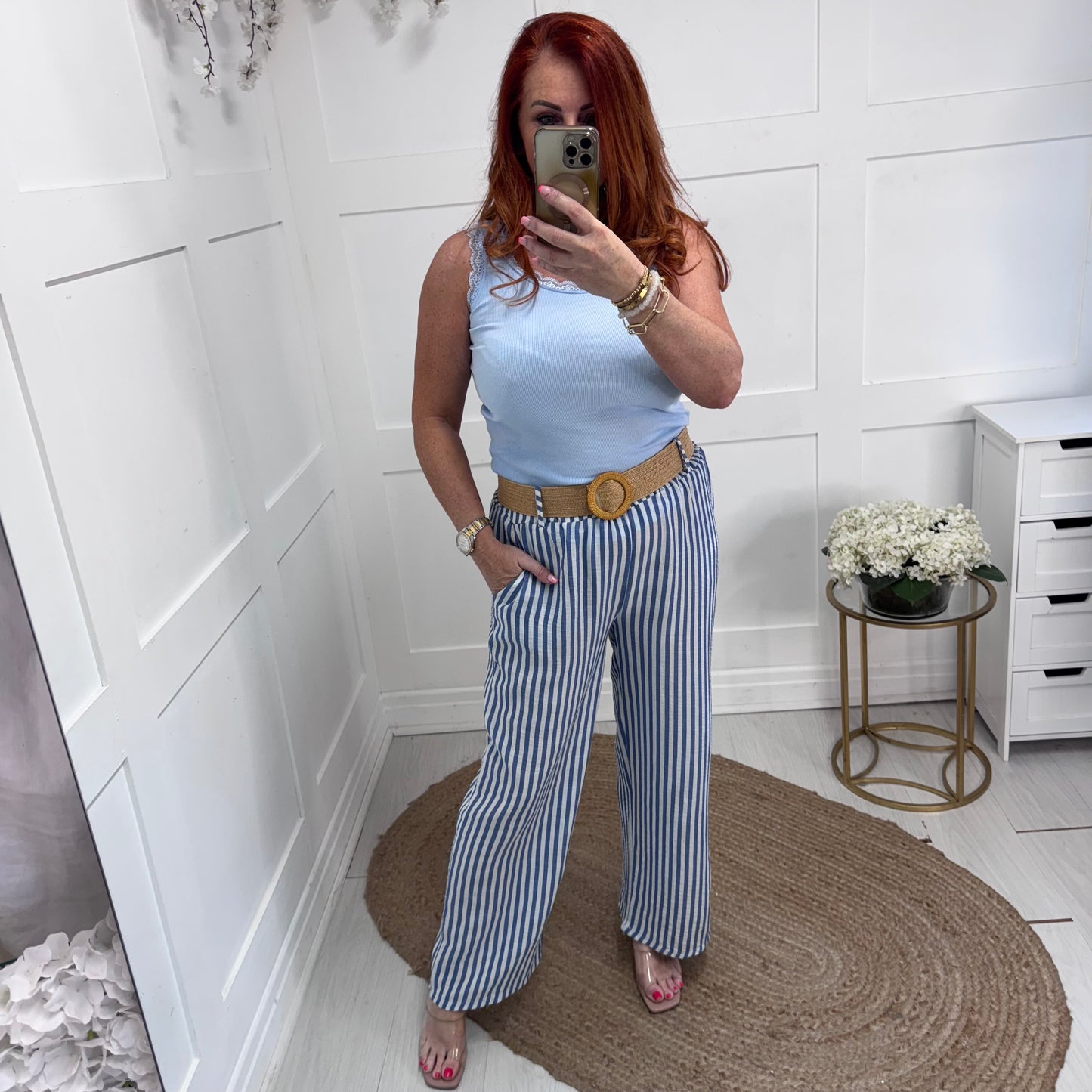 Tiff: Blue stripe wide leg belted trousers. One size: 8-14